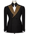 Black tuxedo jacket with gold beaded embroidered lapels and satin bow tie