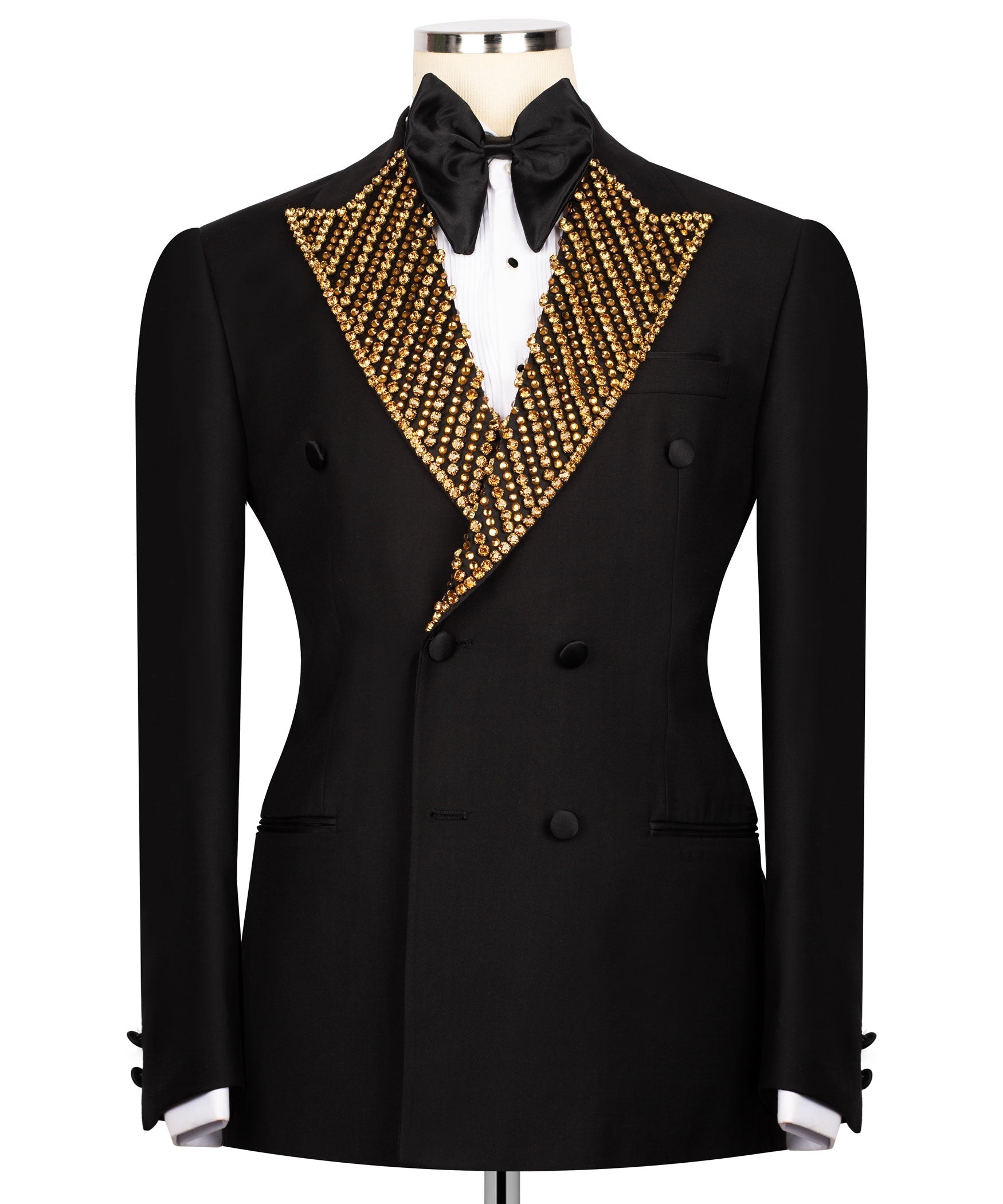 Black tuxedo jacket with gold beaded embroidered lapels and satin bow tie