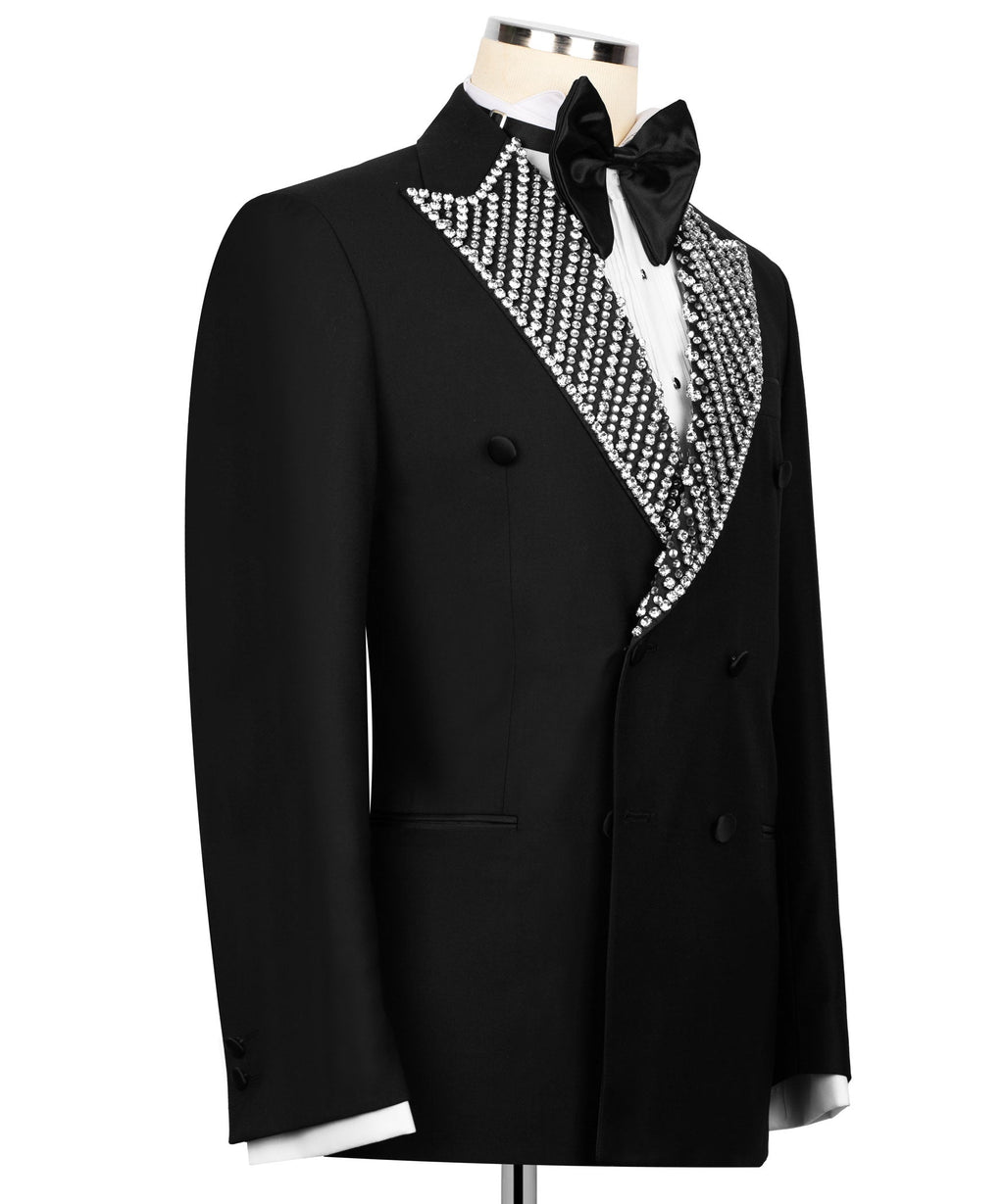 Black tuxedo jacket side view with rhinestone lapel trim and black bow at neck