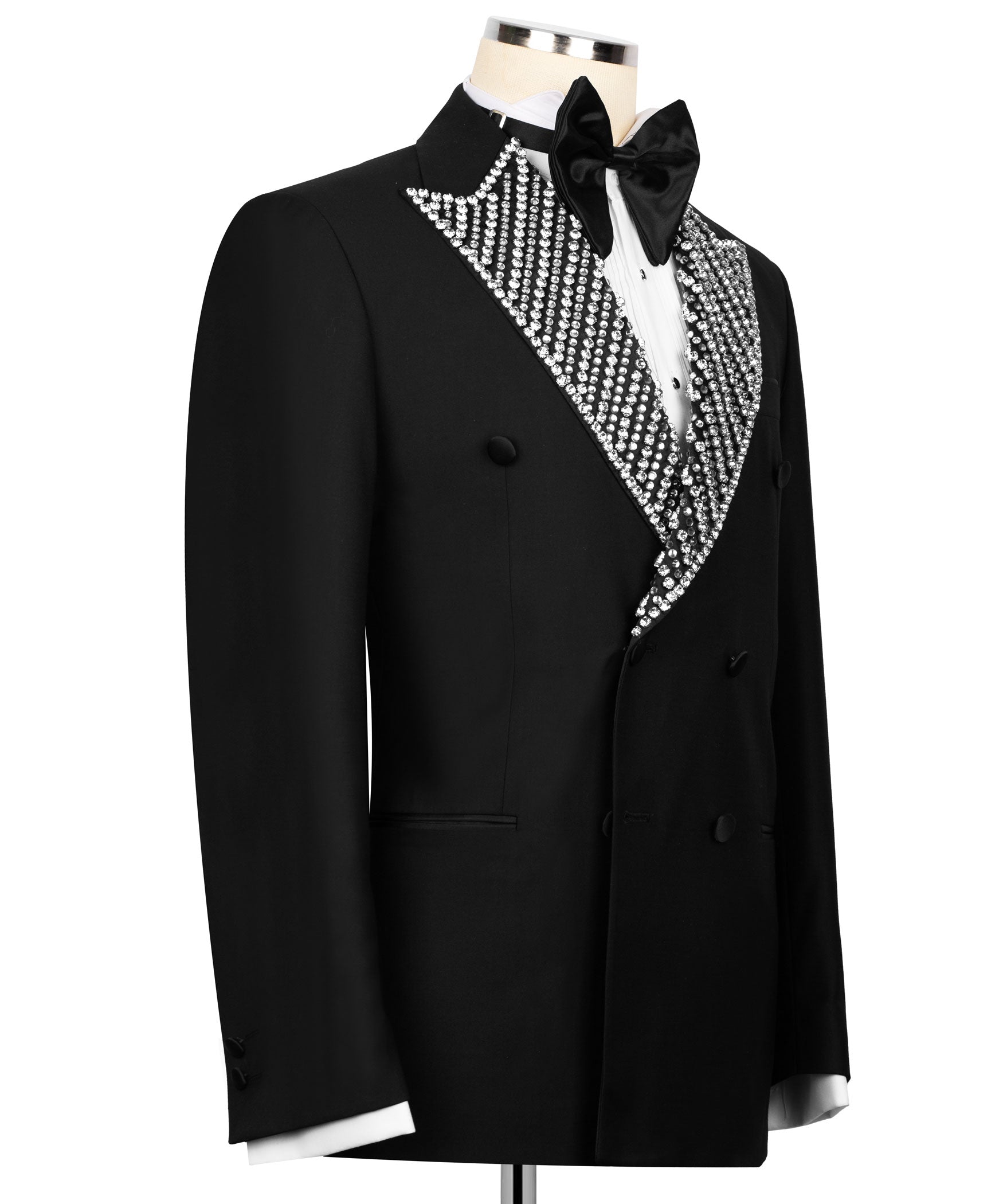 Black tuxedo jacket side view with rhinestone lapel trim and black bow at neck