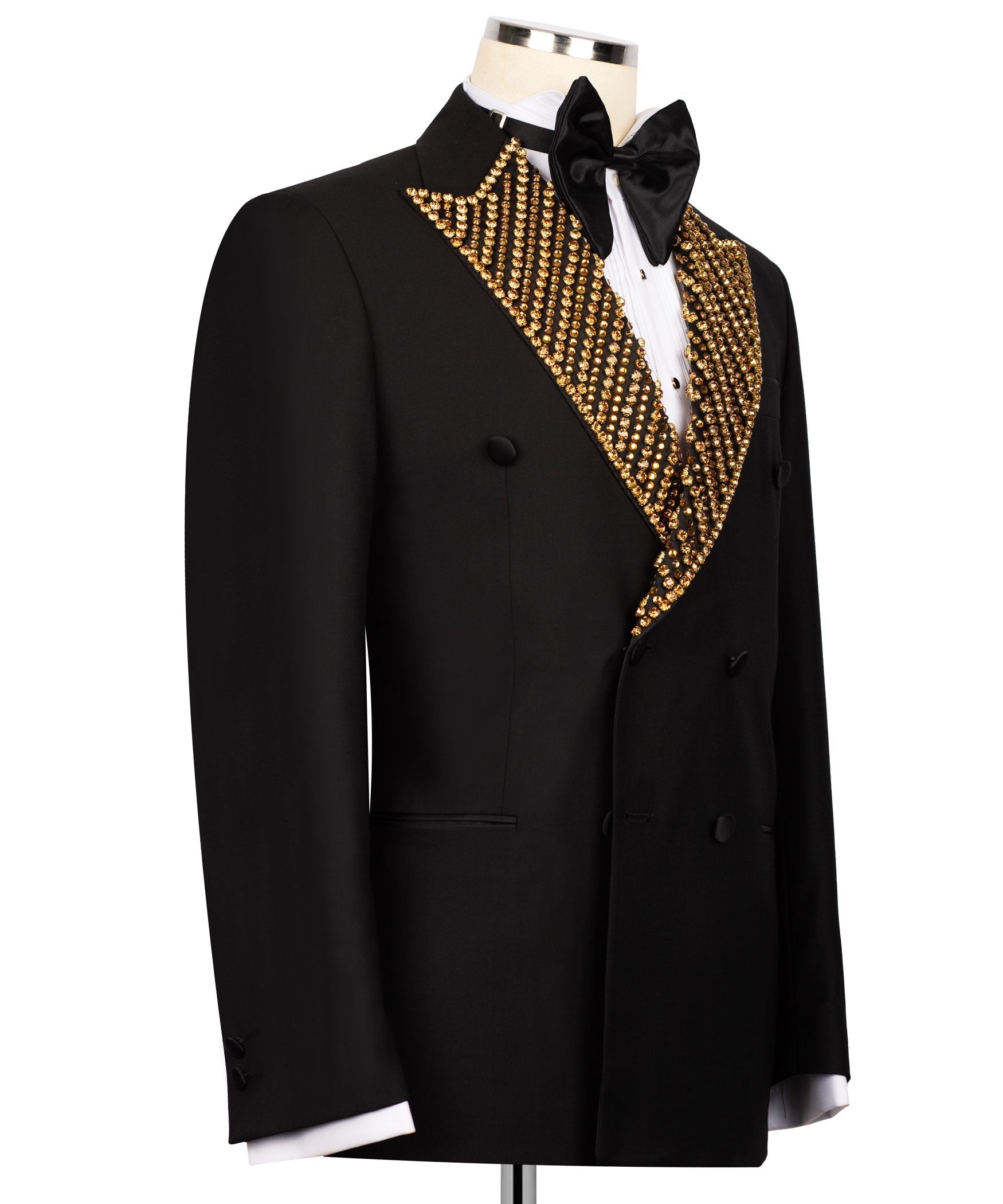 Black double-breasted tuxedo jacket with gold beaded shawl lapel and bow tie
