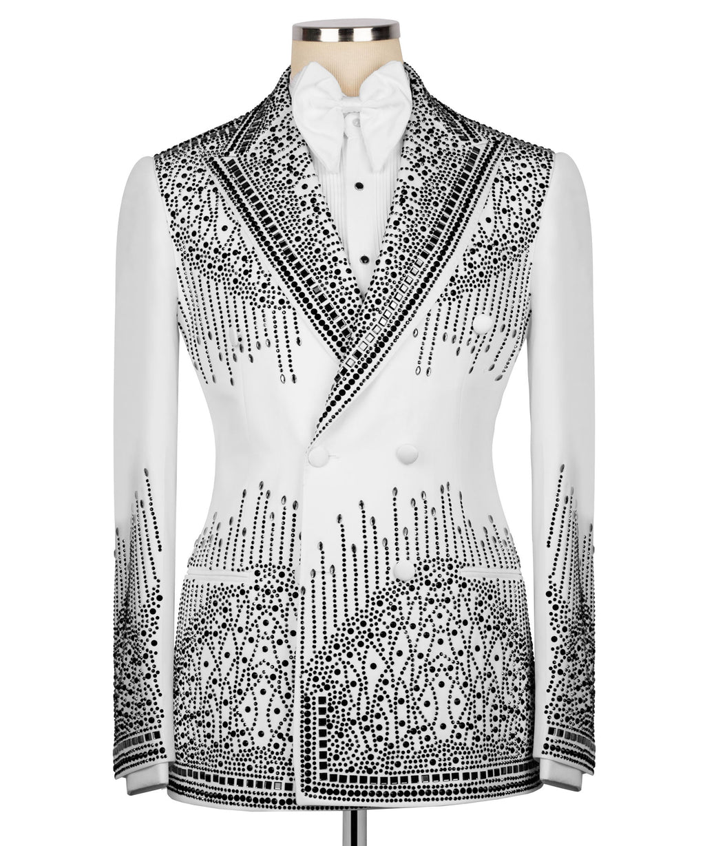 White tuxedo jacket with bow tie, black stone embroidery, double-breasted buttons