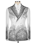 White tuxedo jacket with bow tie, black stone embroidery, double-breasted buttons