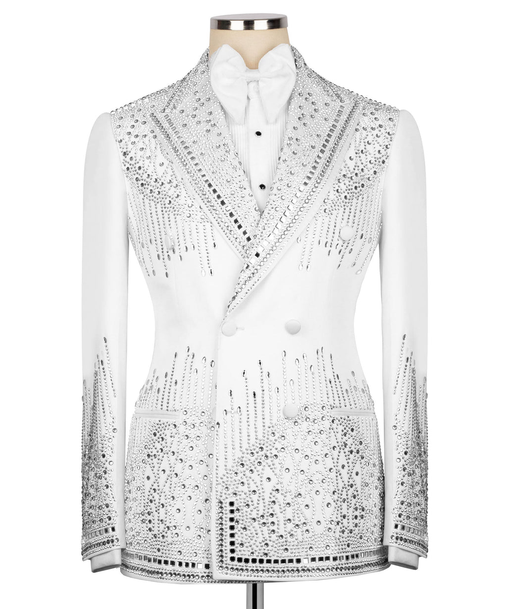 White tuxedo jacket, double-breasted with stone embroidery and bow tie
