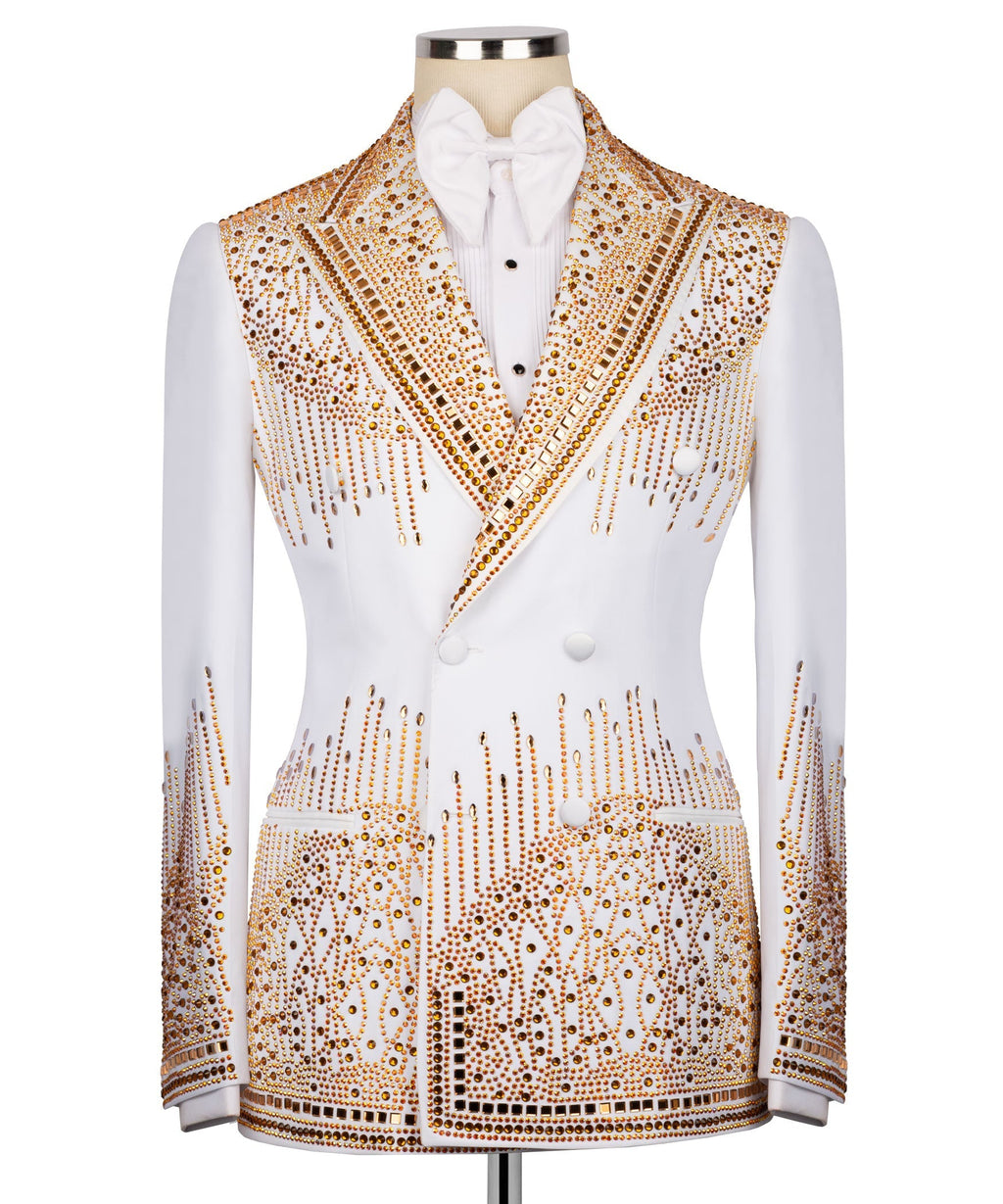 White tuxedo jacket with gold stone-like embroidery, notch lapels, and bow tie