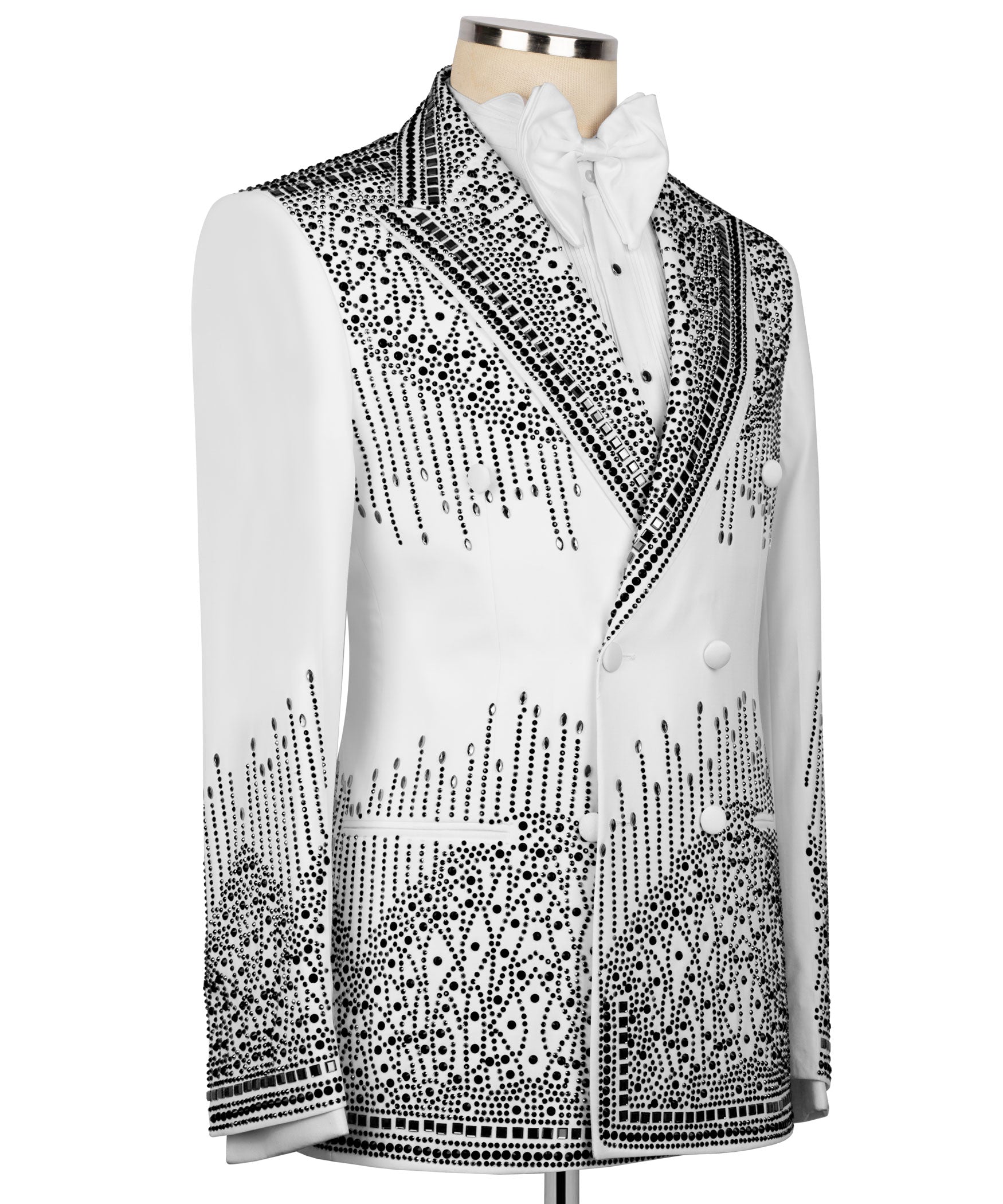 White tuxedo jacket front view with black rhinestone pattern and satin lapels