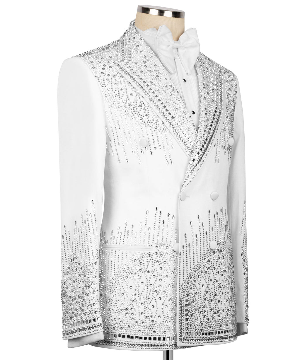 White tuxedo jacket front with dense rhinestone embroidery and double-breasted buttons
