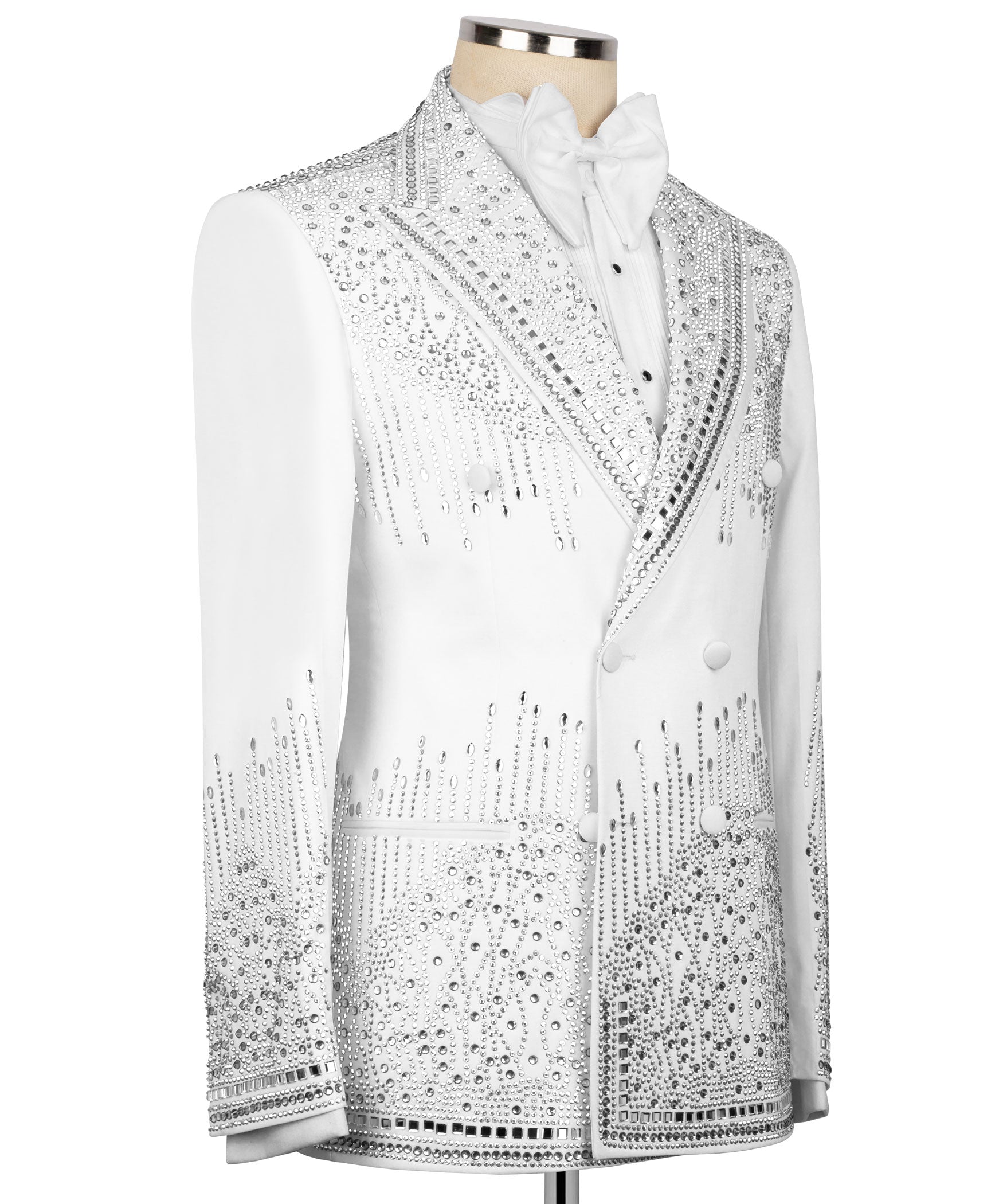 White tuxedo jacket front with dense rhinestone embroidery and double-breasted buttons
