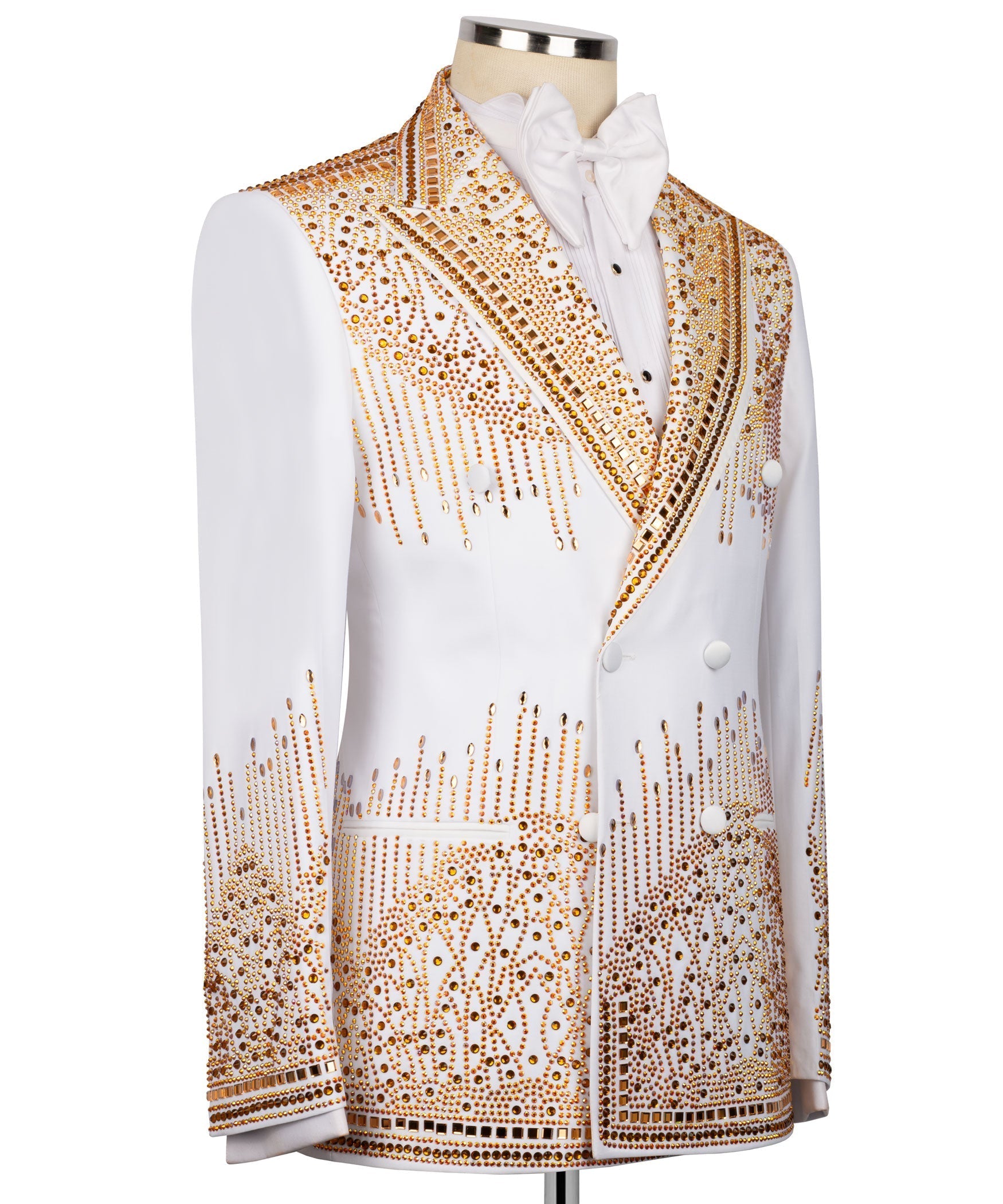 White tuxedo jacket front with gold stone-like embroidery paneling and double-breasted look