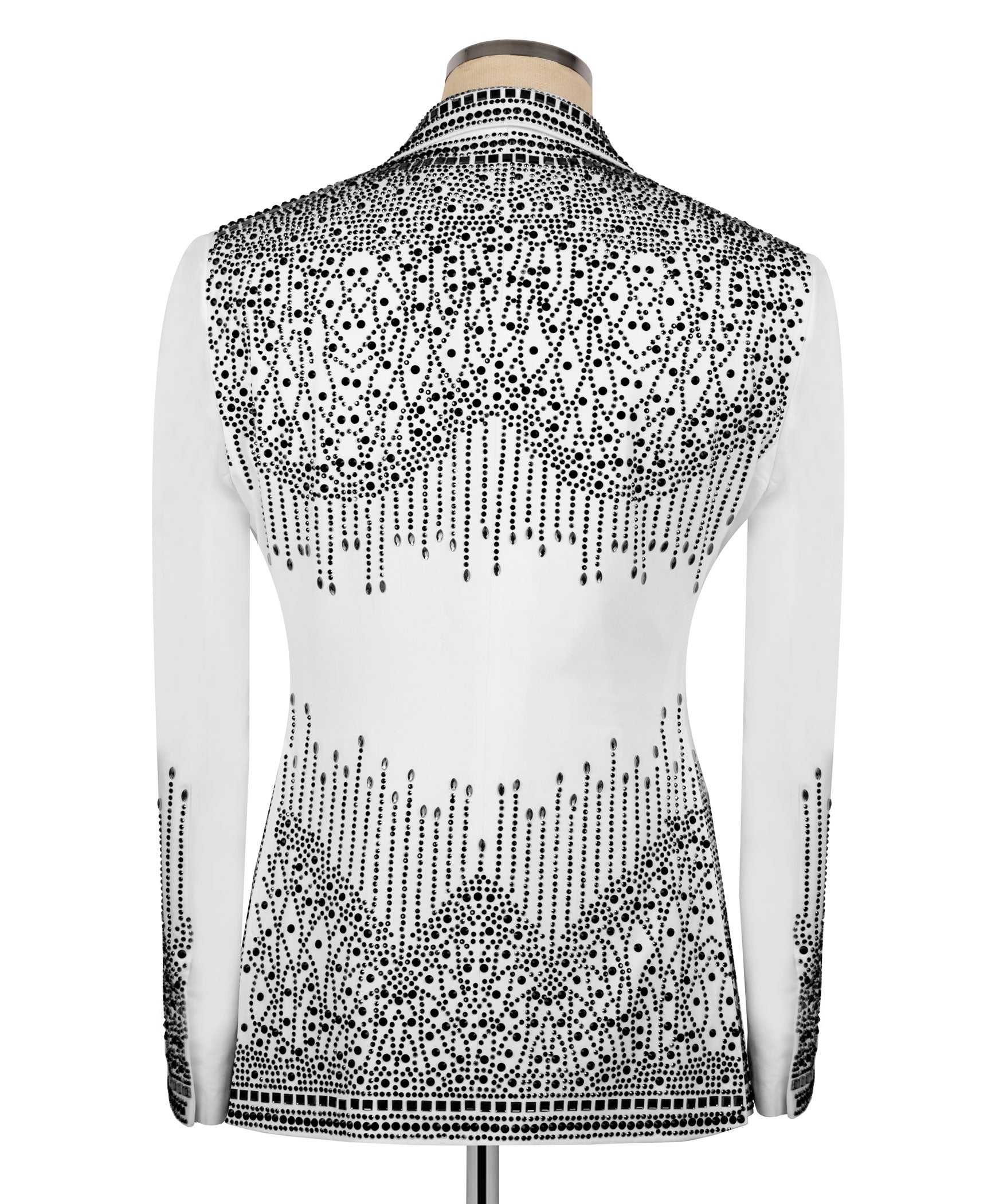 Back view of white tuxedo jacket with black beaded stone embroidery
