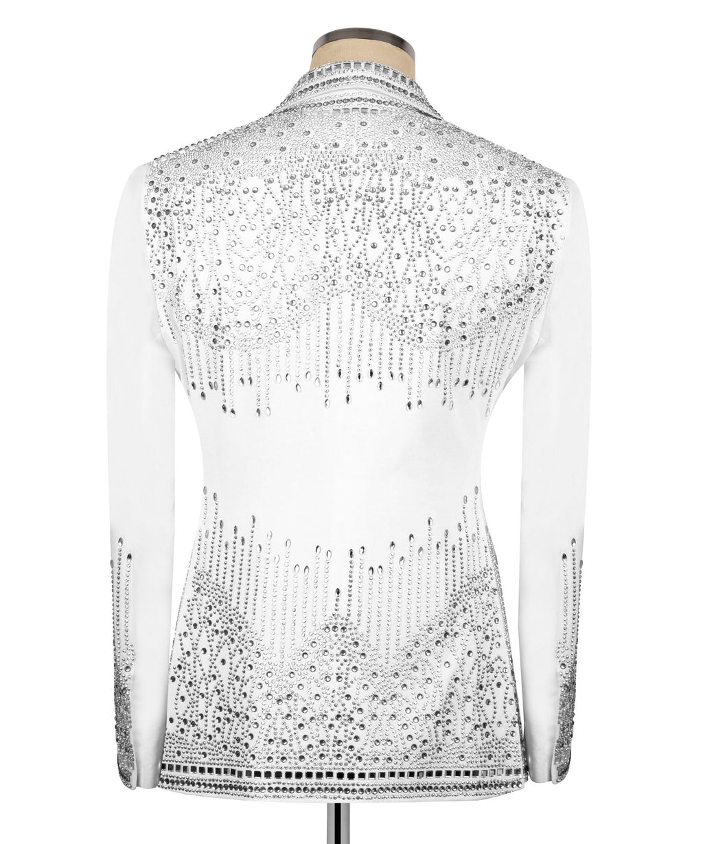 Back view of white tuxedo jacket with full rhinestone stonework