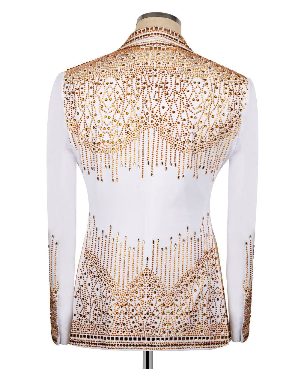 Back view of white tuxedo jacket with dense gold stone-like embroidery and button detail