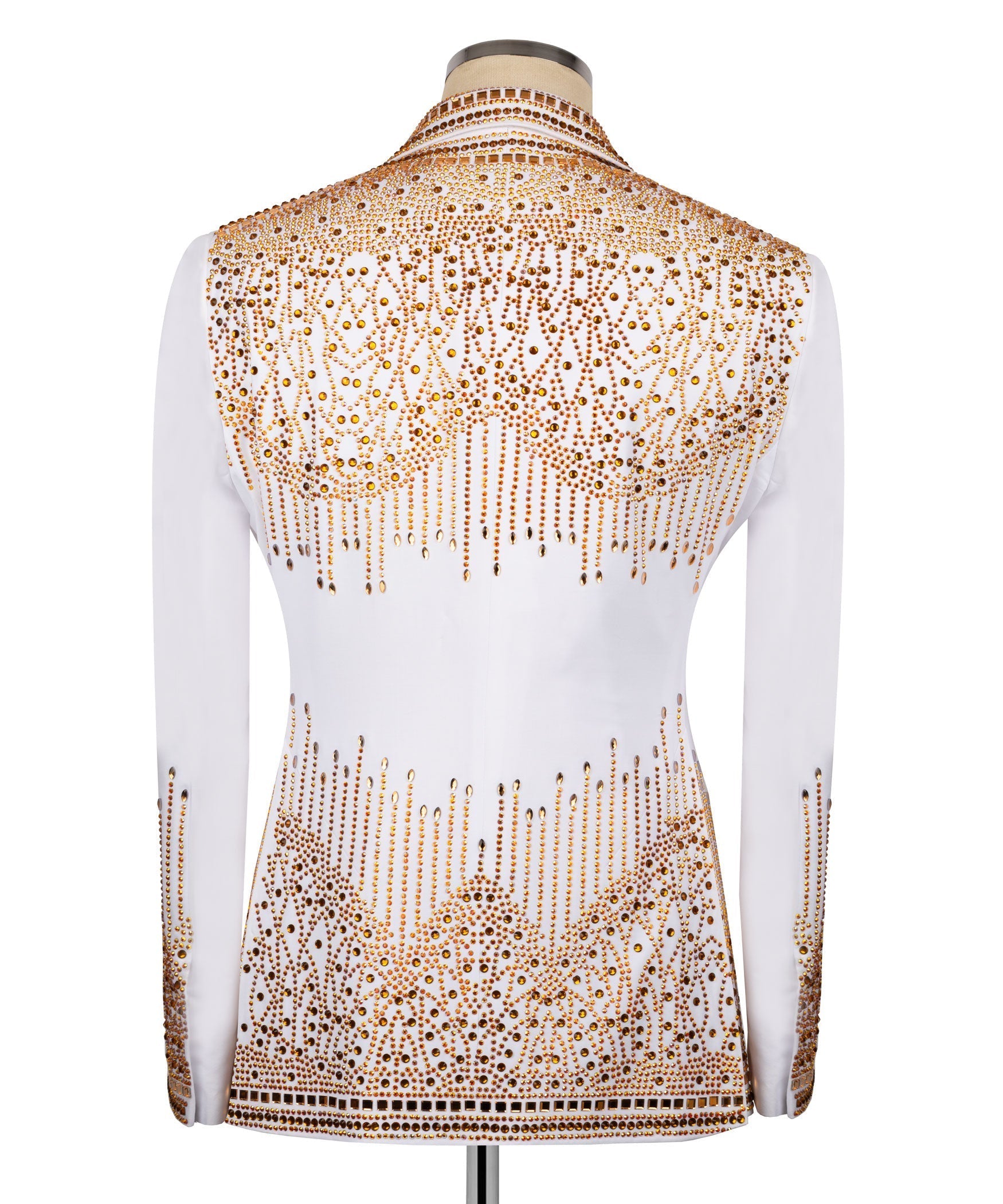 Back view of white tuxedo jacket with dense gold stone-like embroidery and button detail
