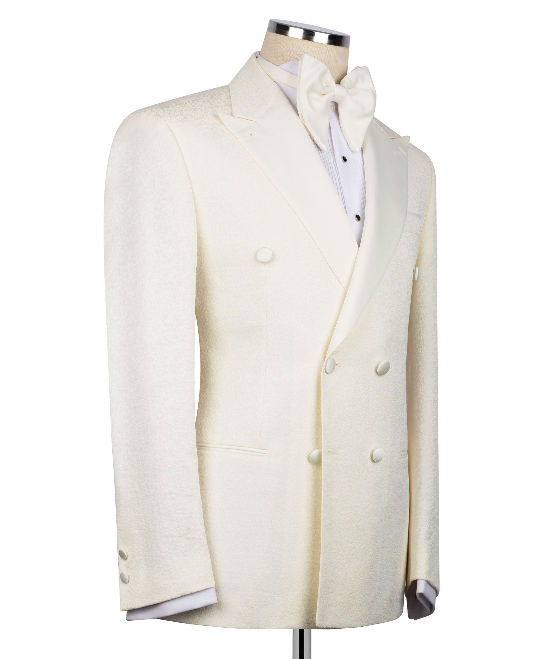 Cream double-breasted tuxedo jacket with bow tie and notched lapels