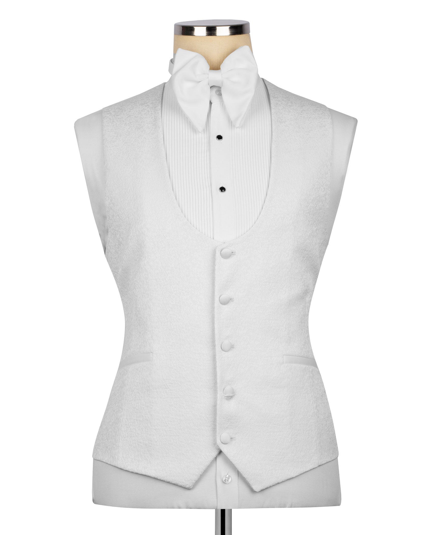 White tuxedo vest and bow tie, sleeveless back view on mannequin