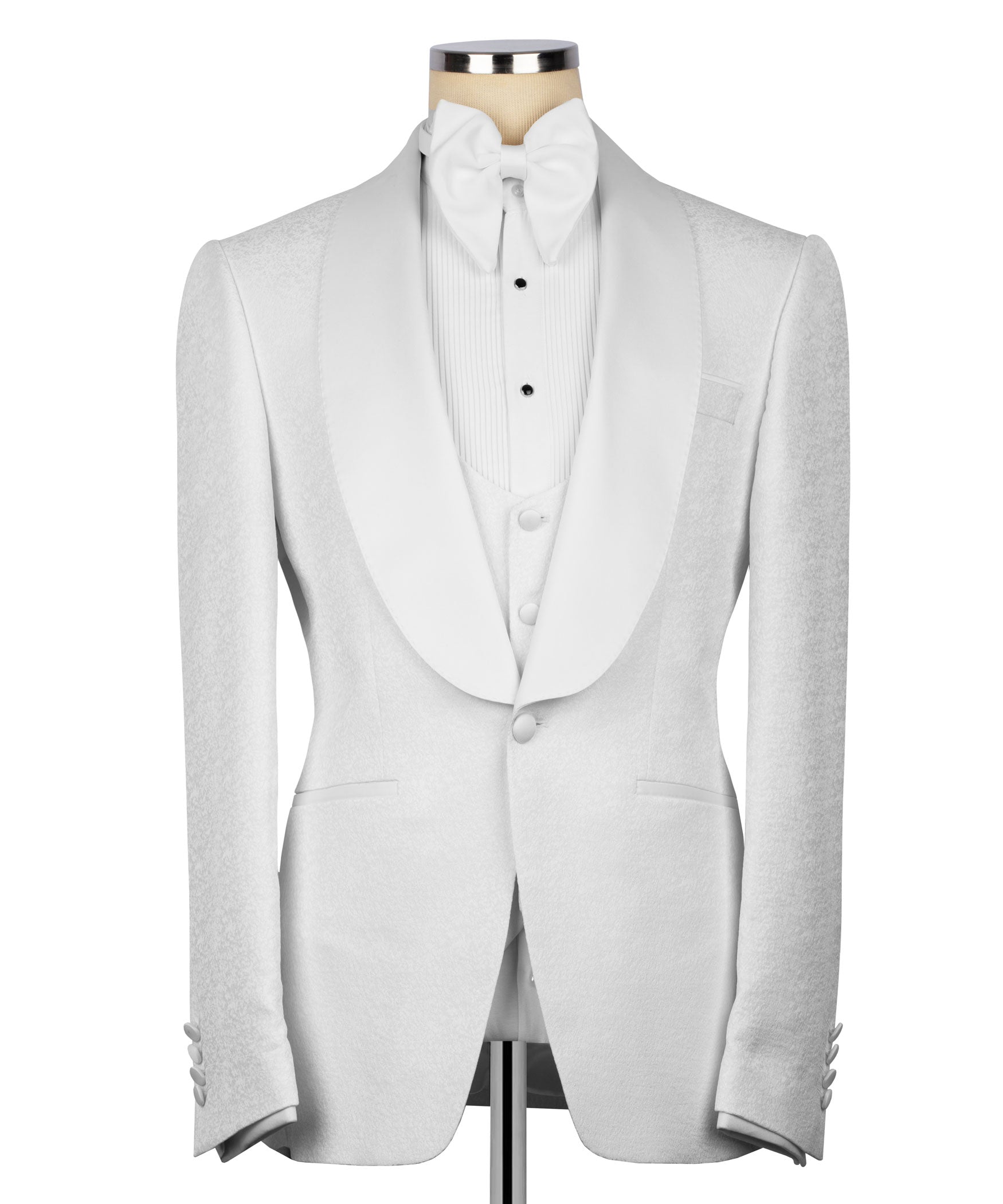 White tuxedo jacket with satin lapels, bow tie, and matching vest on mannequin