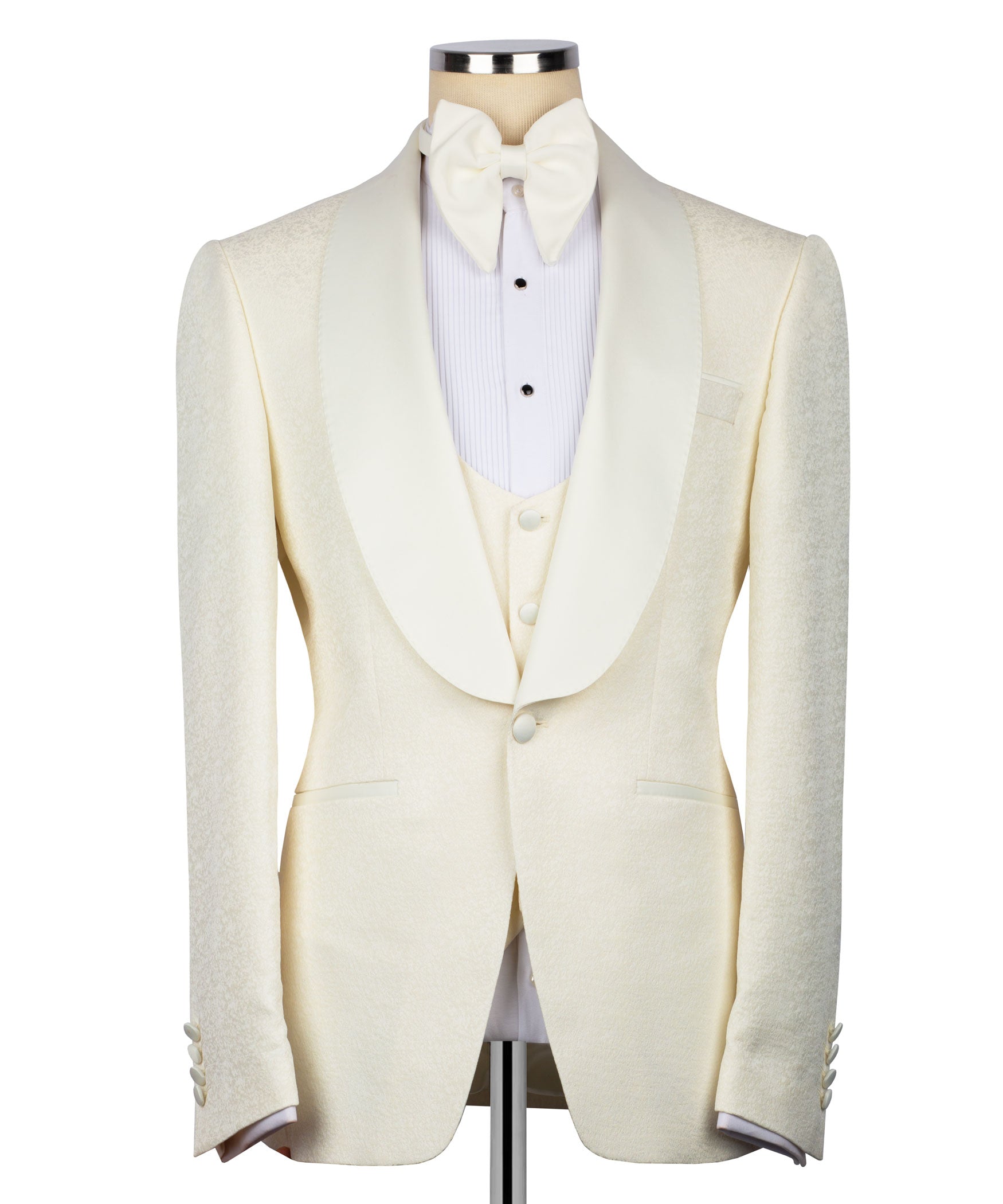 Cream tuxedo suit jacket with matching vest and bow tie, front view on mannequin