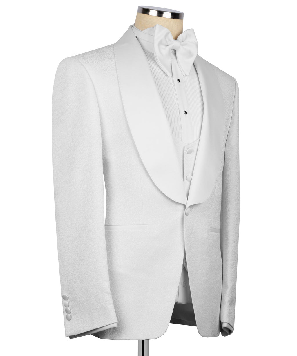 White tuxedo jacket and vest with bow tie; single-breasted front with buttons