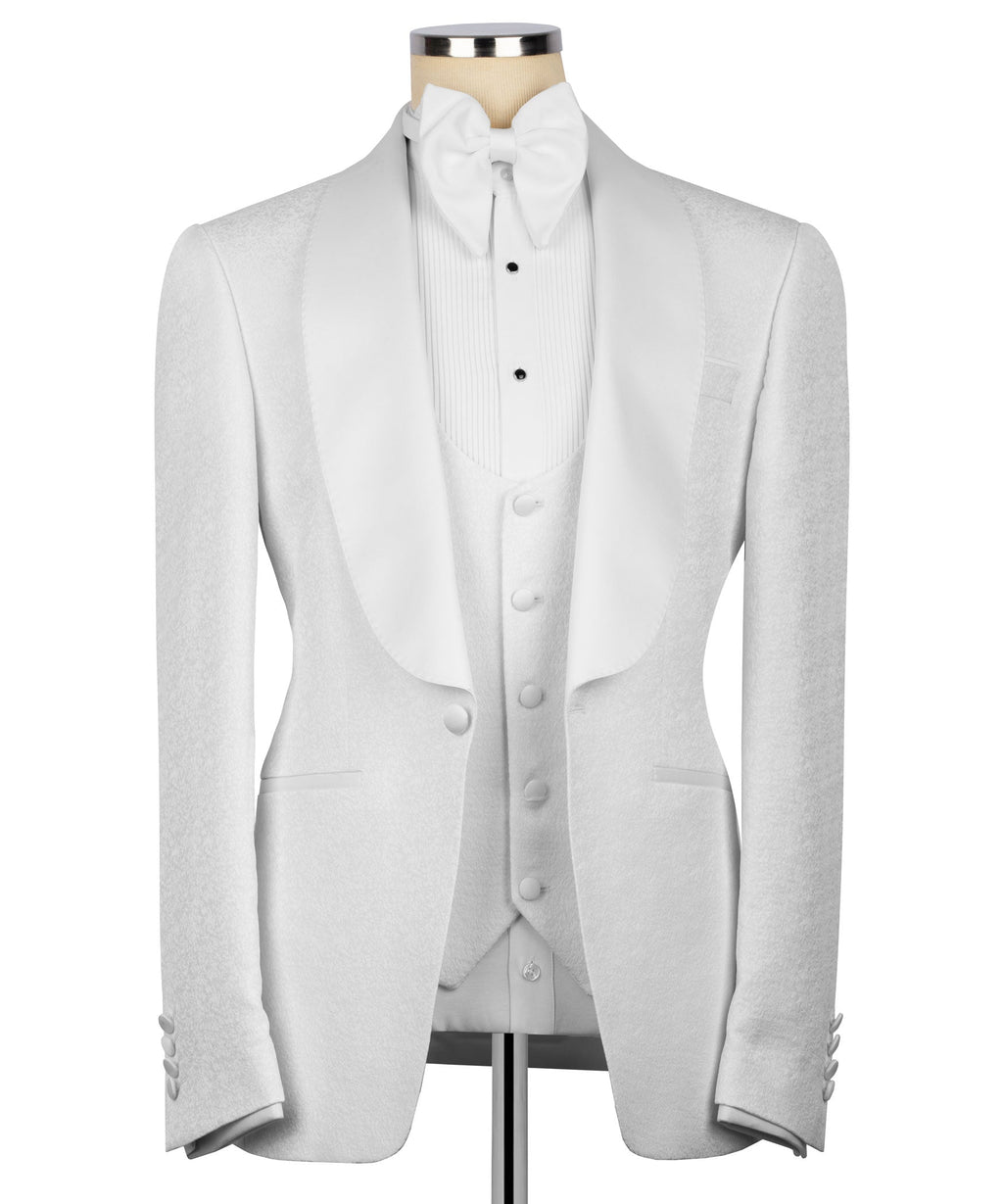 White tuxedo jacket and vest from front view with bow tie and button details