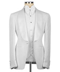 White tuxedo jacket and vest from front view with bow tie and button details