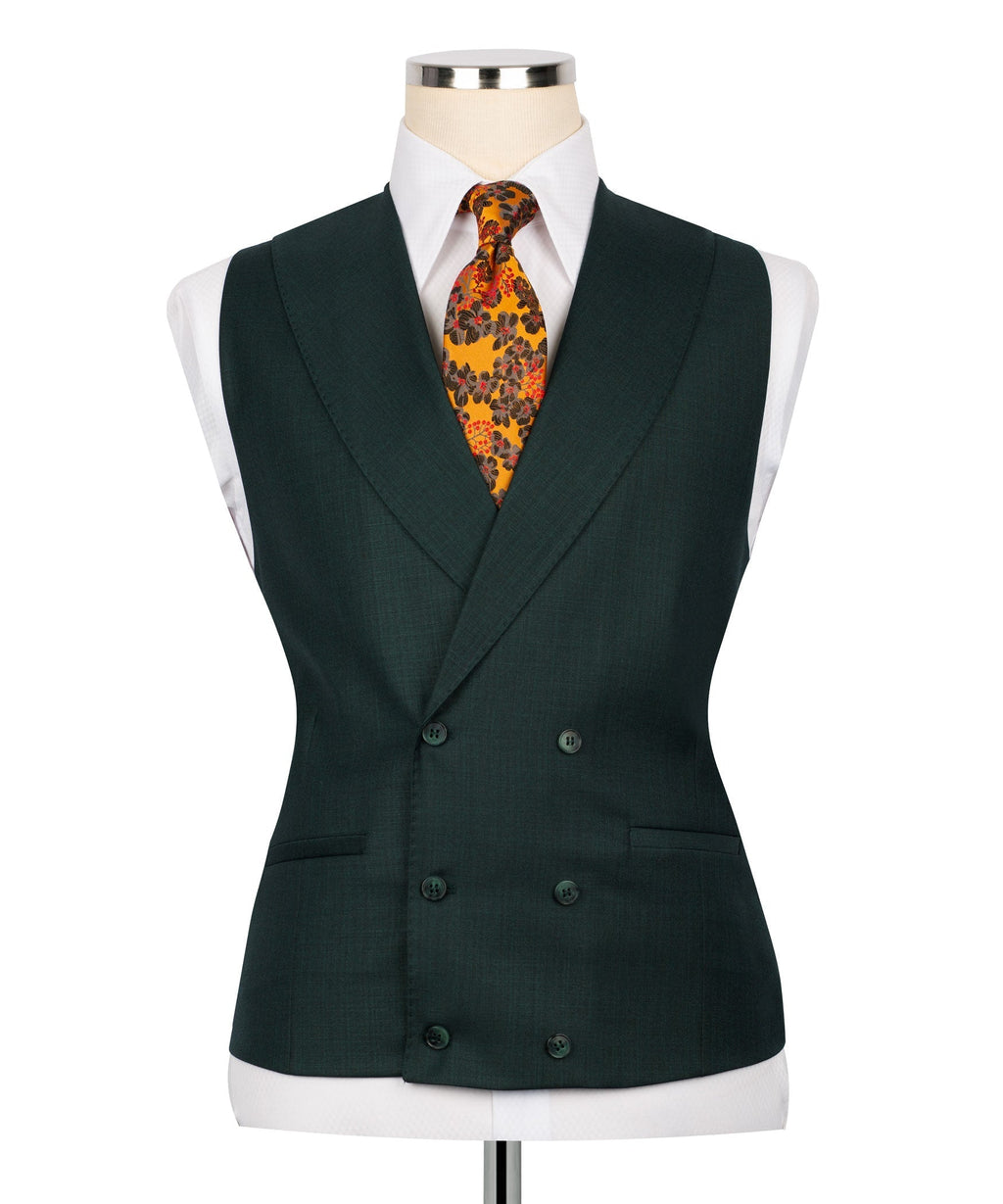 Dark green waistcoat vest with double-breasted button front and patterned tie