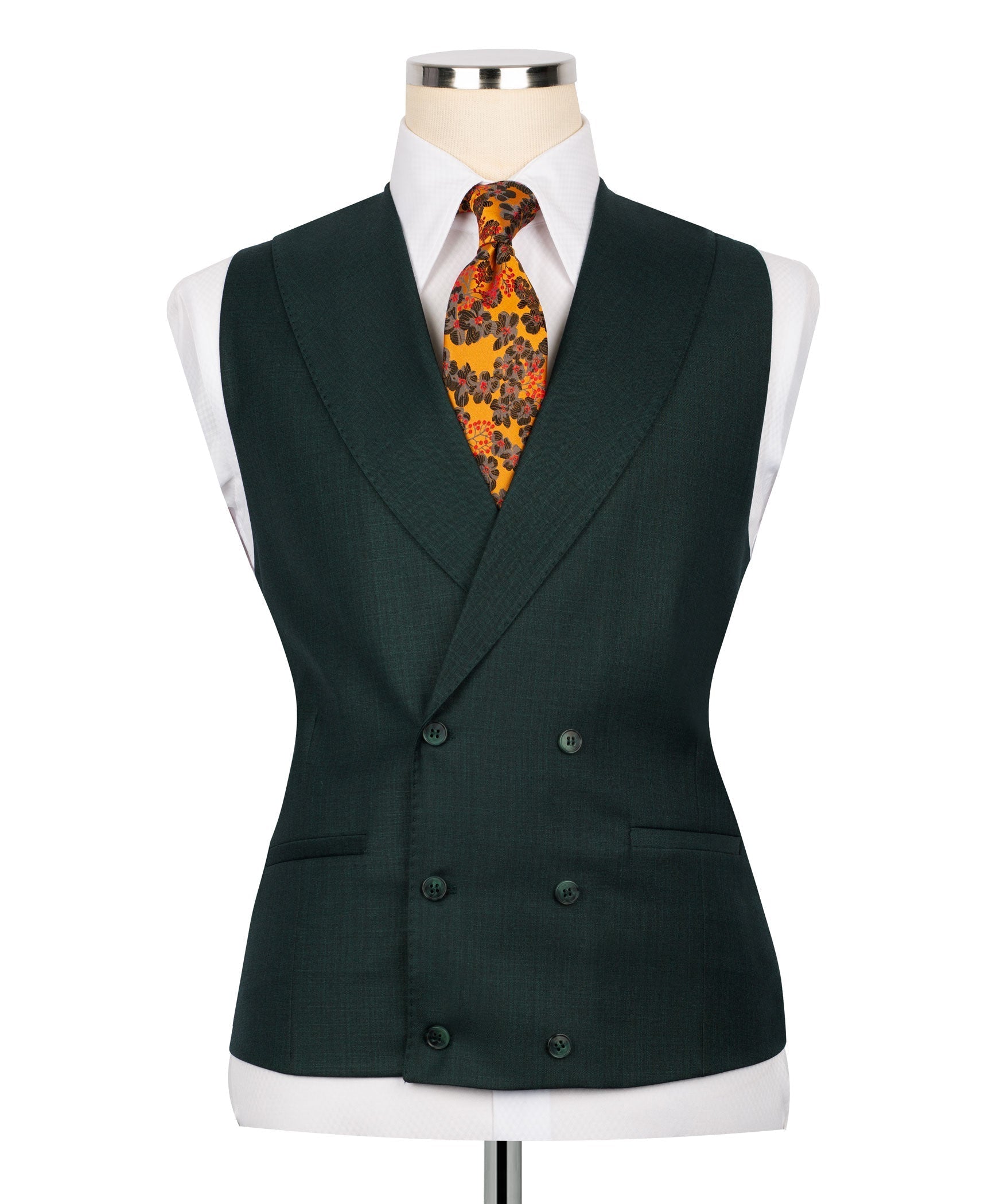 Dark green waistcoat vest with double-breasted button front and patterned tie