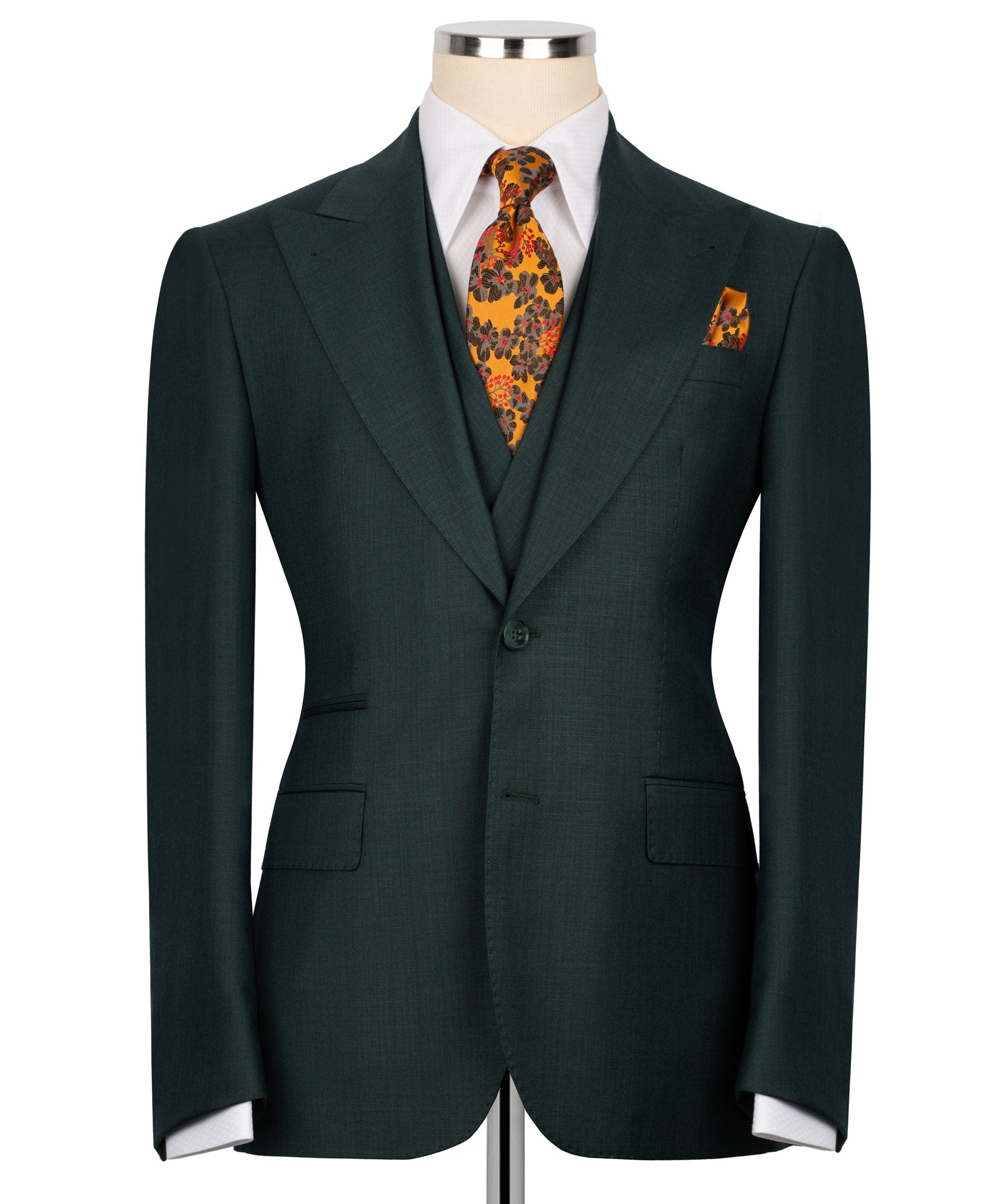 Dark green formal blazer on mannequin with notched lapels and chest pocket detail