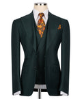 Dark green 3-piece formal suit jacket with vest, notched lapels, and patterned pocket square