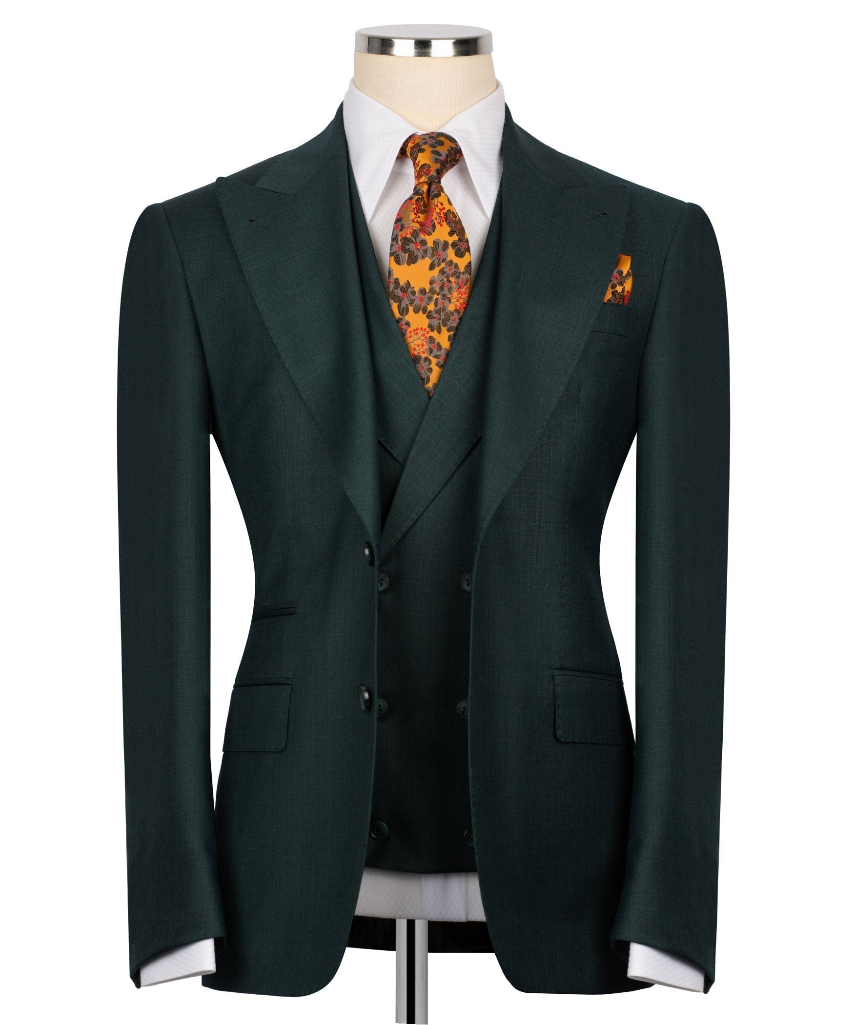Dark green 3-piece formal suit jacket with vest, notched lapels, and patterned pocket square