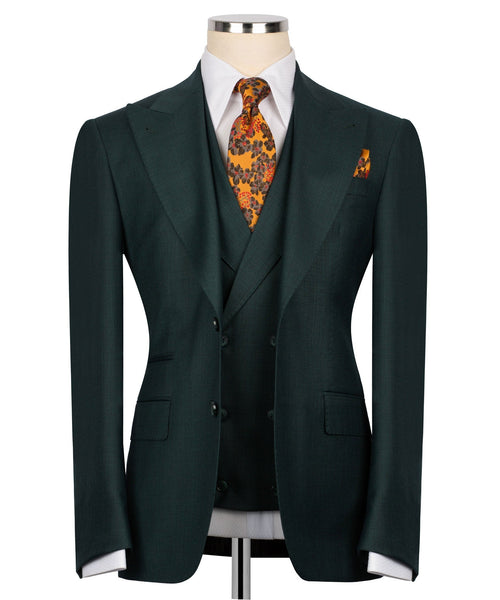 Dark green 3-piece formal suit jacket with vest, notched lapels, and patterned pocket square