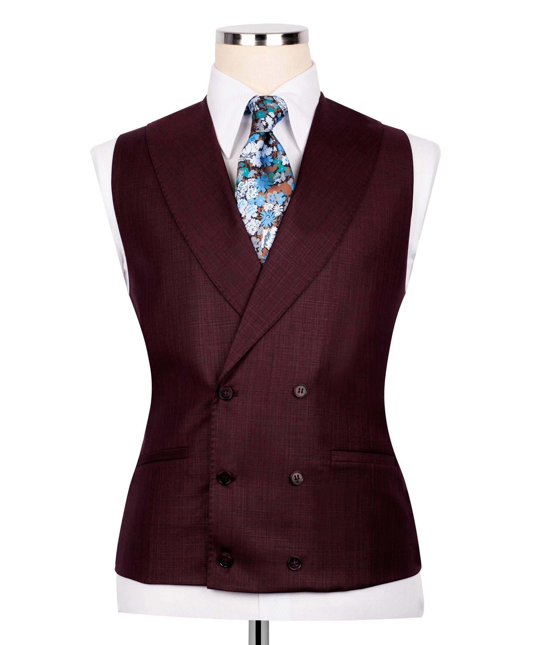 Burgundy vest with floral tie and four-button front, tailored suit styling