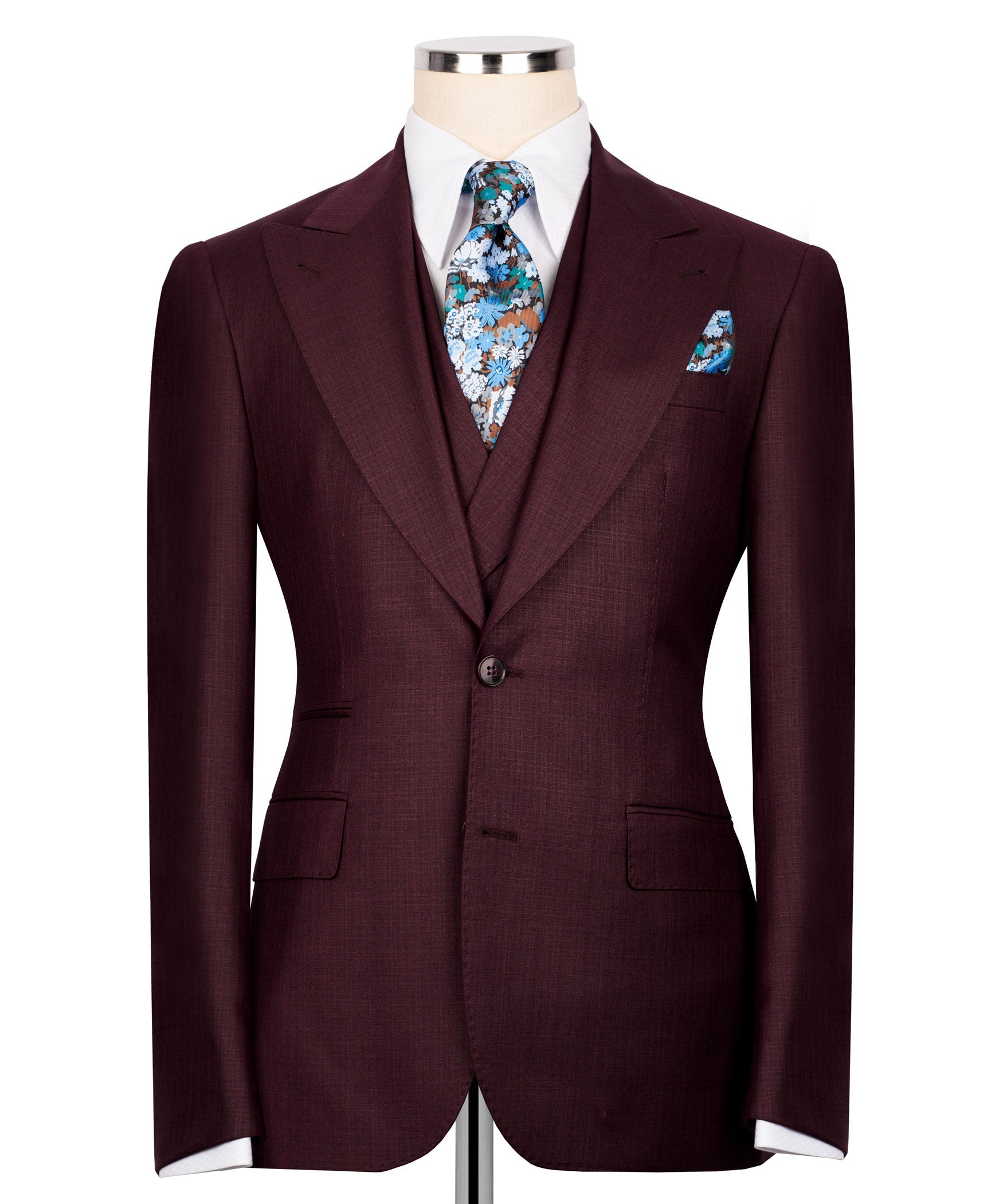 Burgundy three-piece suit jacket with floral tie and matching pocket square, front view
