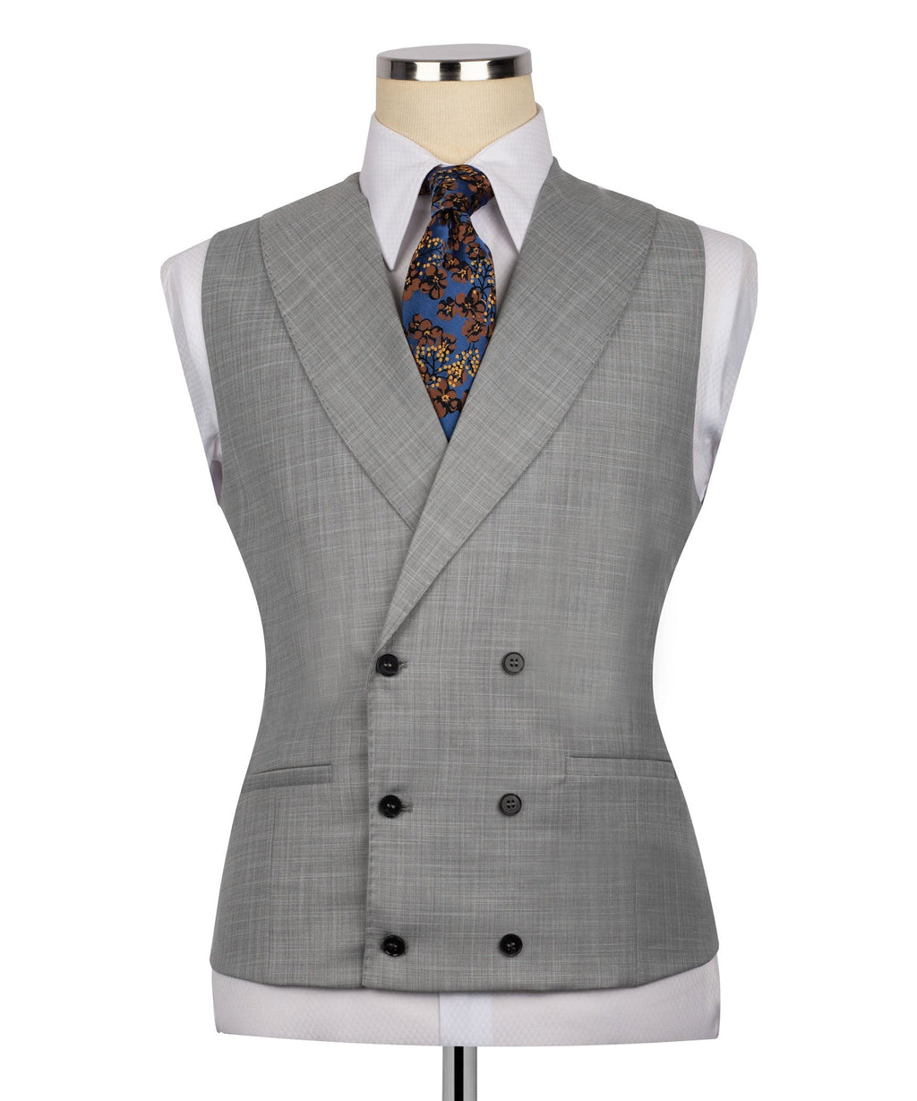 Grey waistcoat with six-button double-breasted front and welt pockets