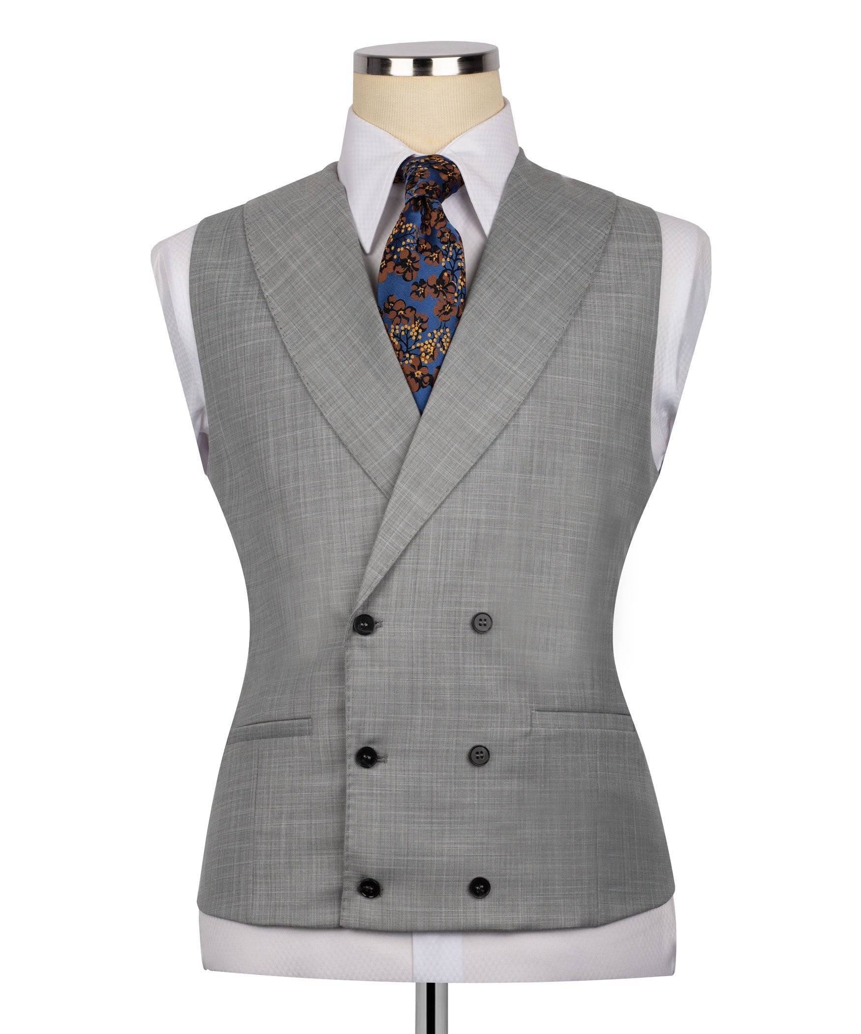 Grey waistcoat with six-button double-breasted front and welt pockets