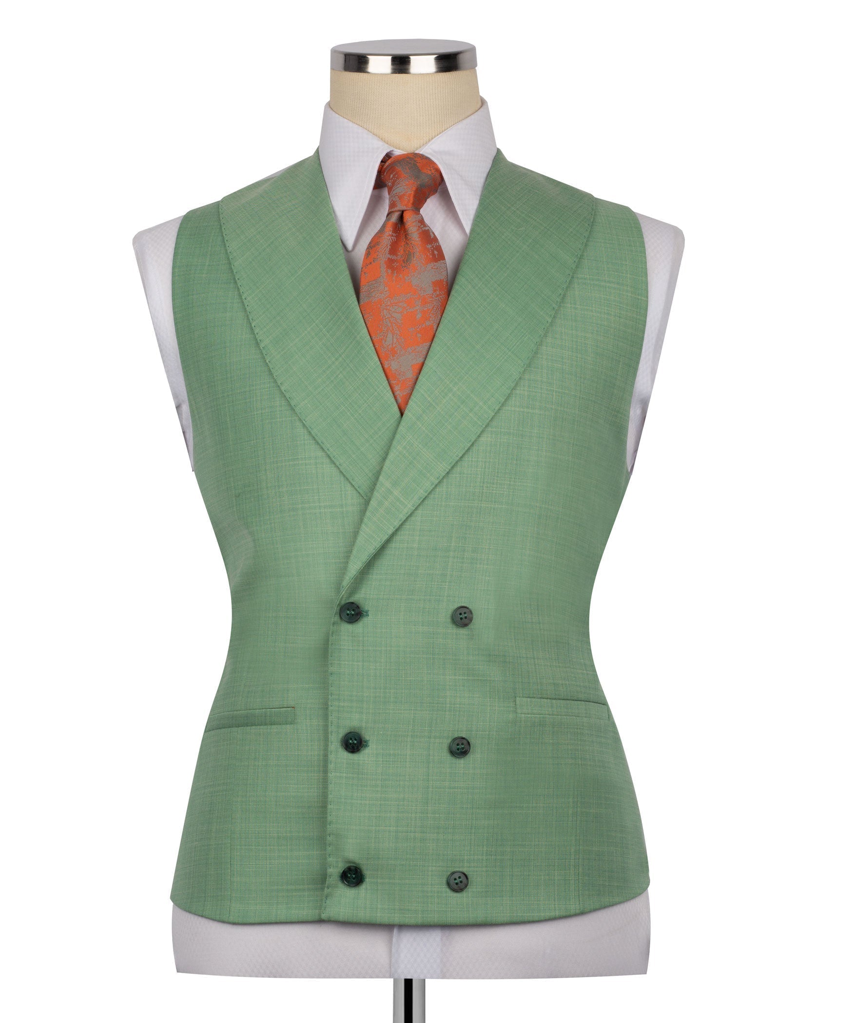 Green waistcoat vest with double-breasted buttons; white shirt and orange patterned tie