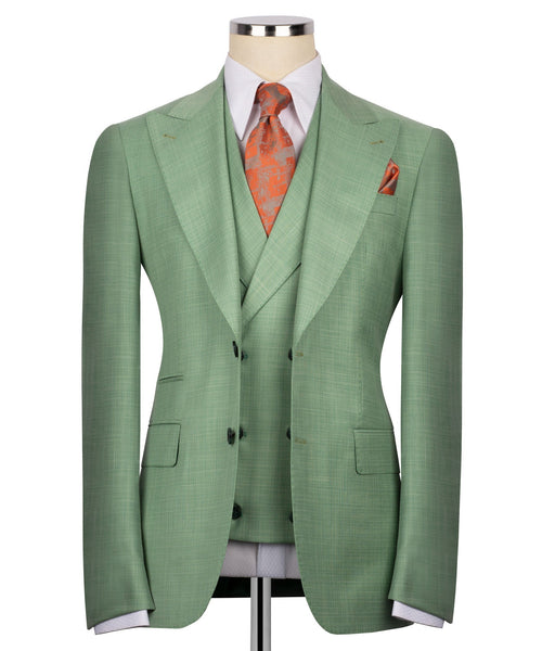 Green suit jacket with notch lapels, matching vest, and orange patterned tie