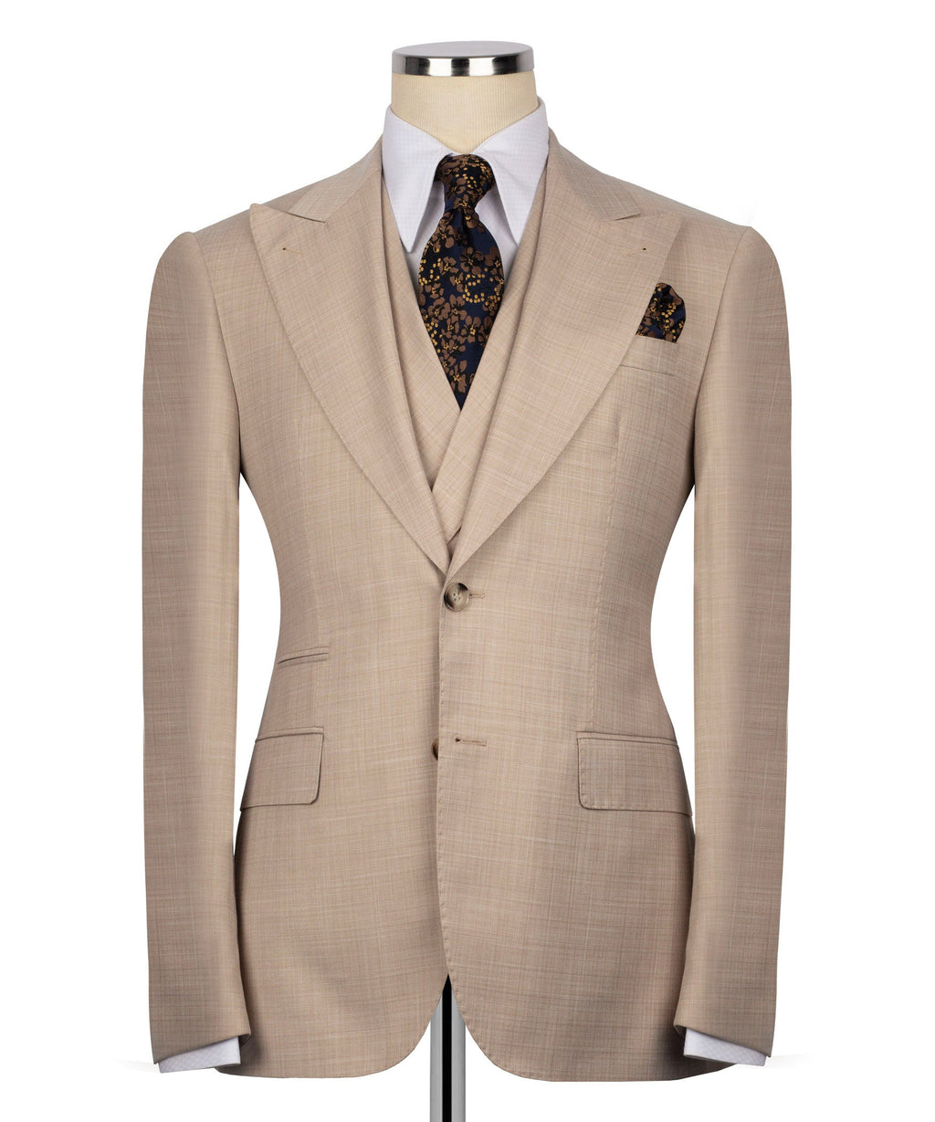 Light beige textured blazer and vest set with two flap pockets
