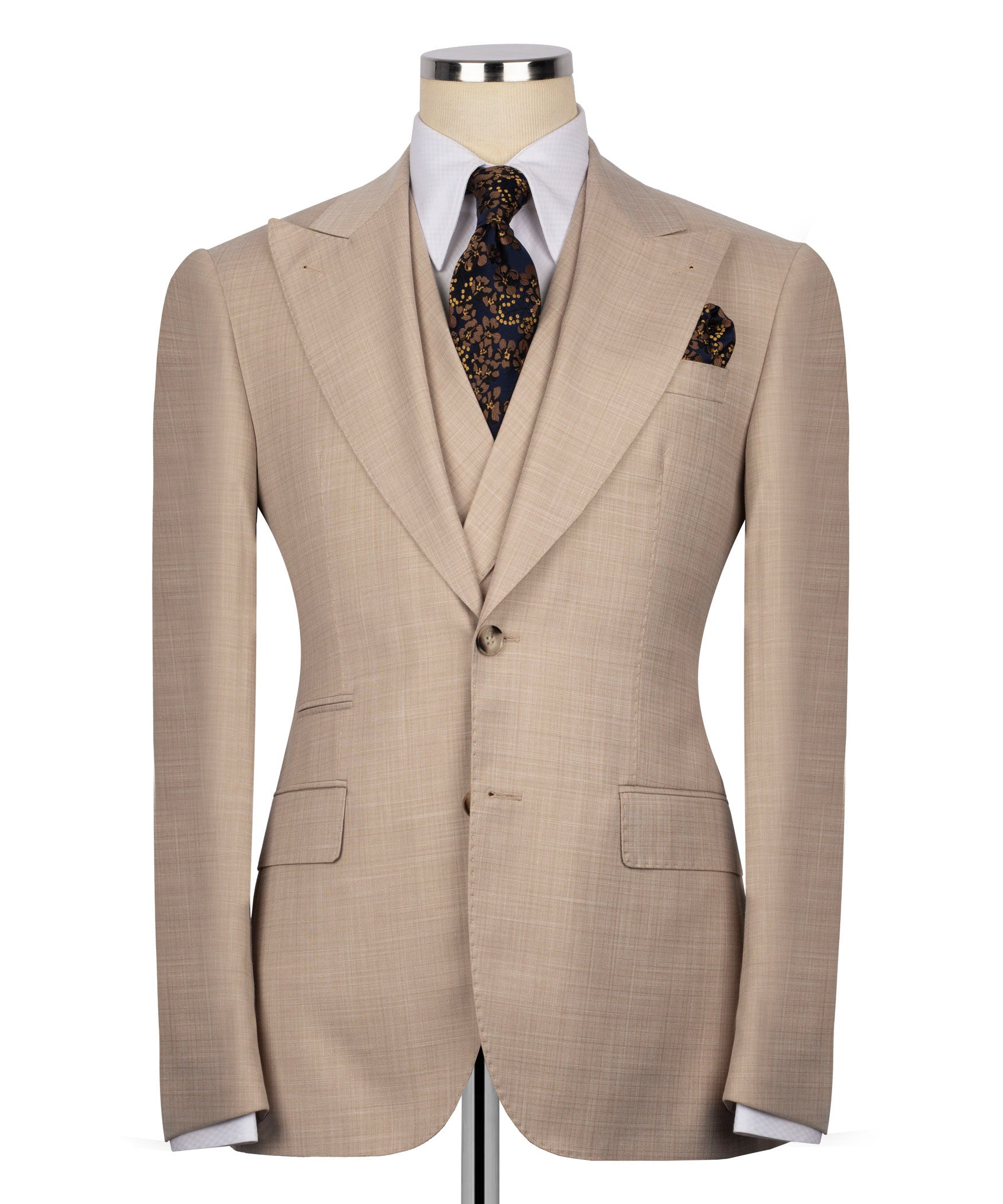 Light beige textured blazer and vest set with two flap pockets