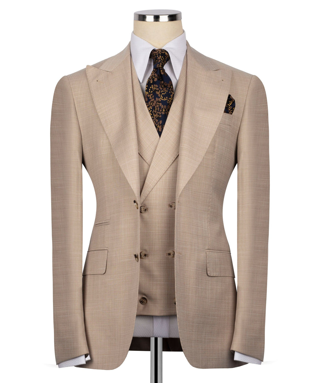 Light beige textured blazer with matching vest, notched lapels, pocket square