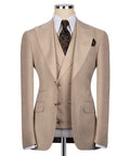 Light beige textured blazer with matching vest, notched lapels, pocket square