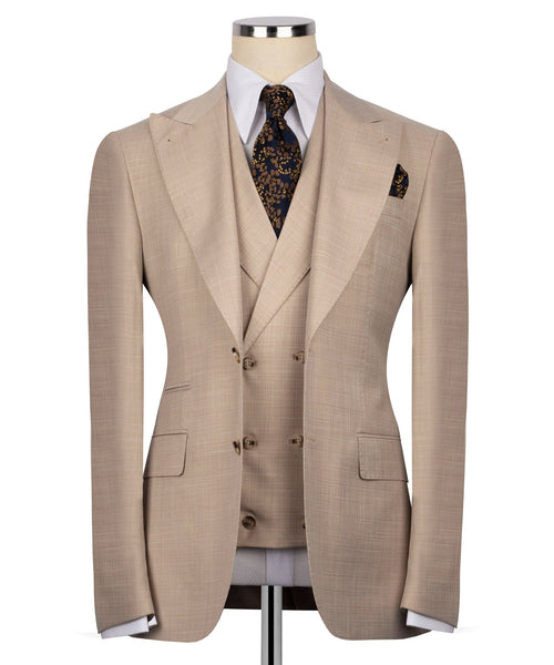 Light beige textured blazer with matching vest, notched lapels, pocket square