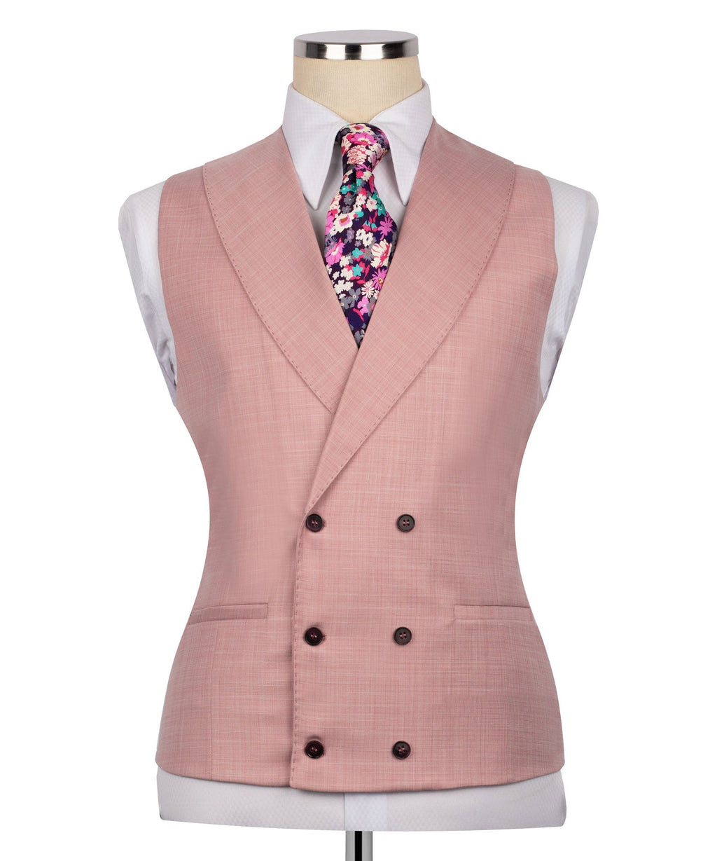 Pink vest with floral tie pocket accent, double-breasted button front