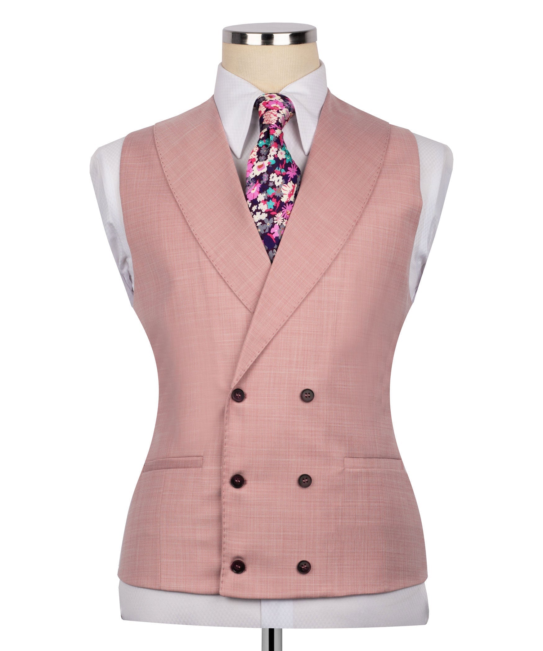 Pink vest with floral tie pocket accent, double-breasted button front