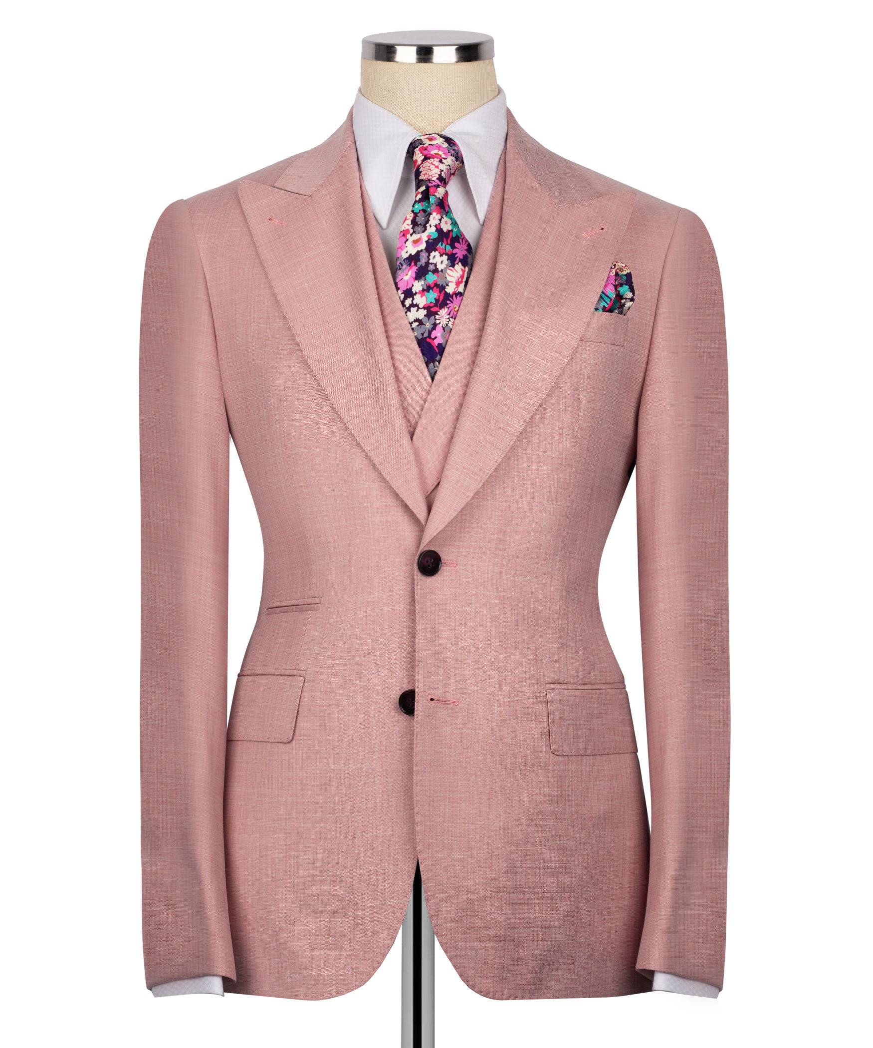 Pink blazer with vest set: notch lapels, four-button double-breasted closure