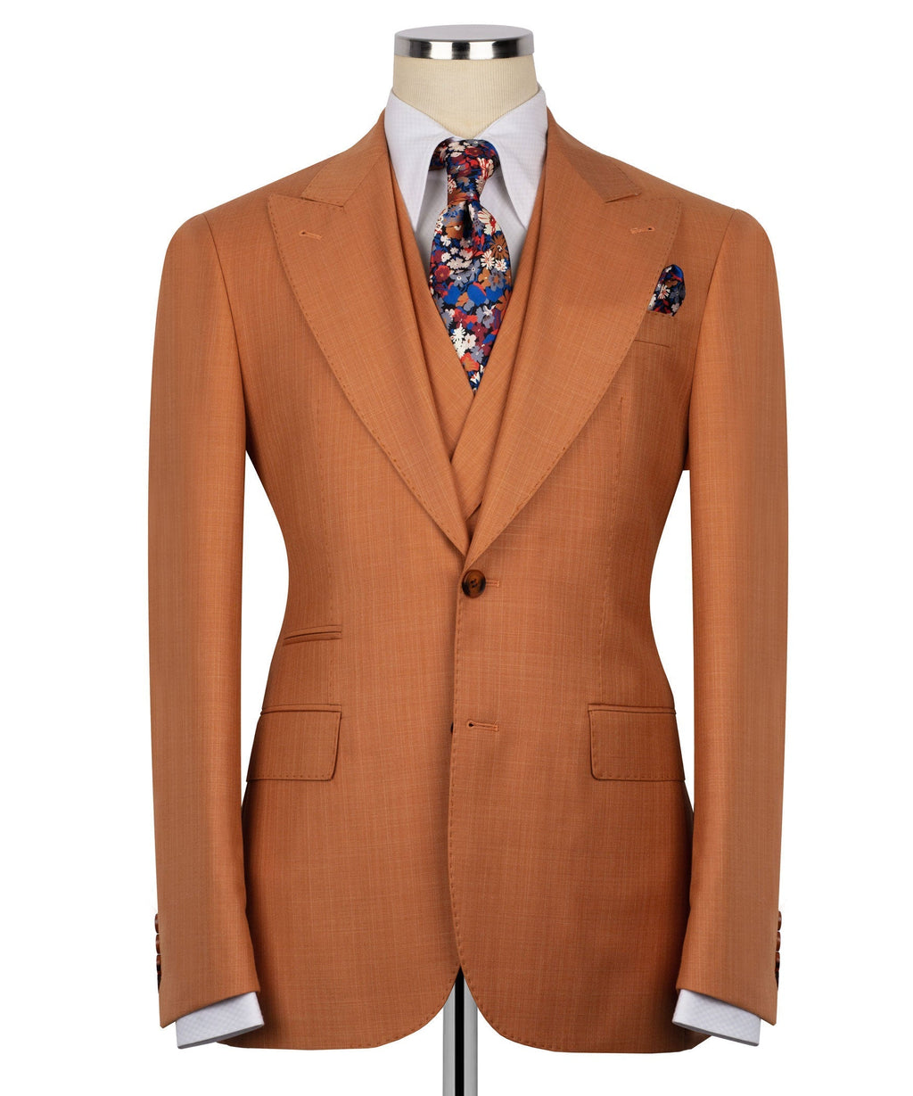 Rust-orange 3-piece vest suit with floral tie and matching vest front, front view