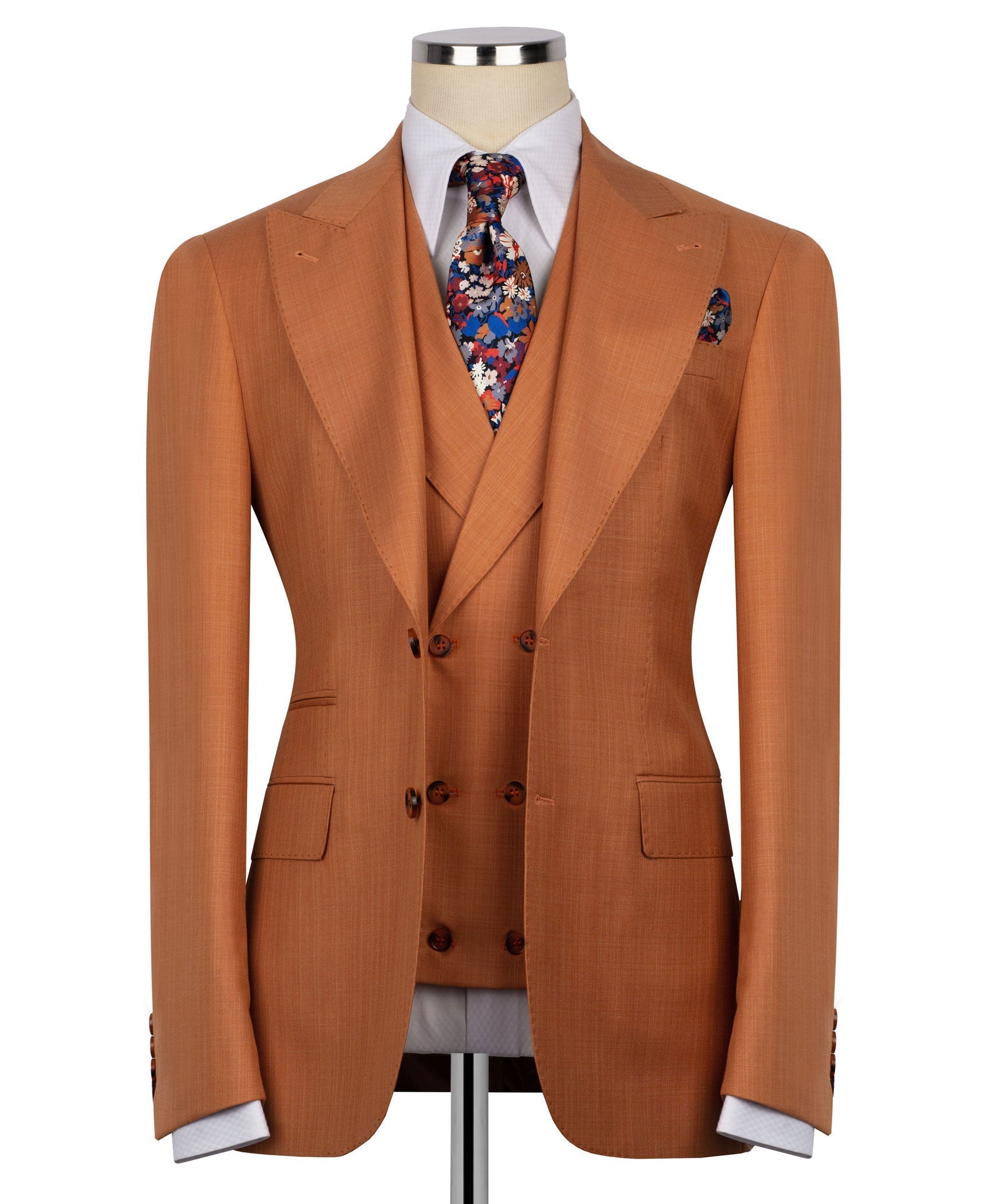 Rust-orange 3-piece vest suit: jacket, vest, floral tie, and white shirt collar