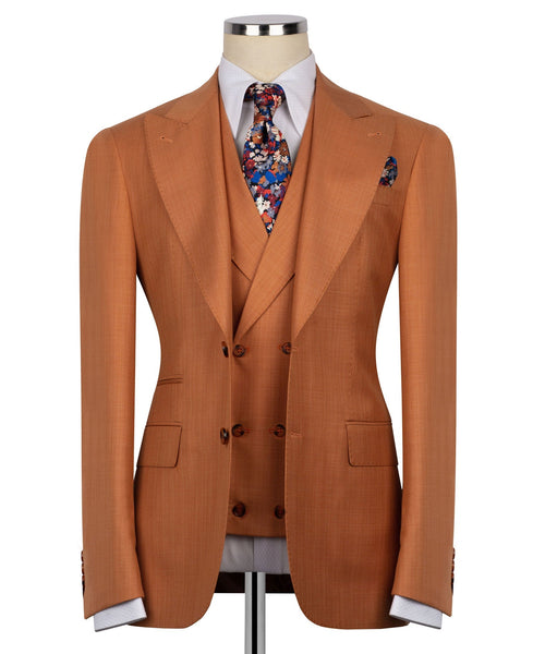 Rust-orange 3-piece vest suit: jacket, vest, floral tie, and white shirt collar