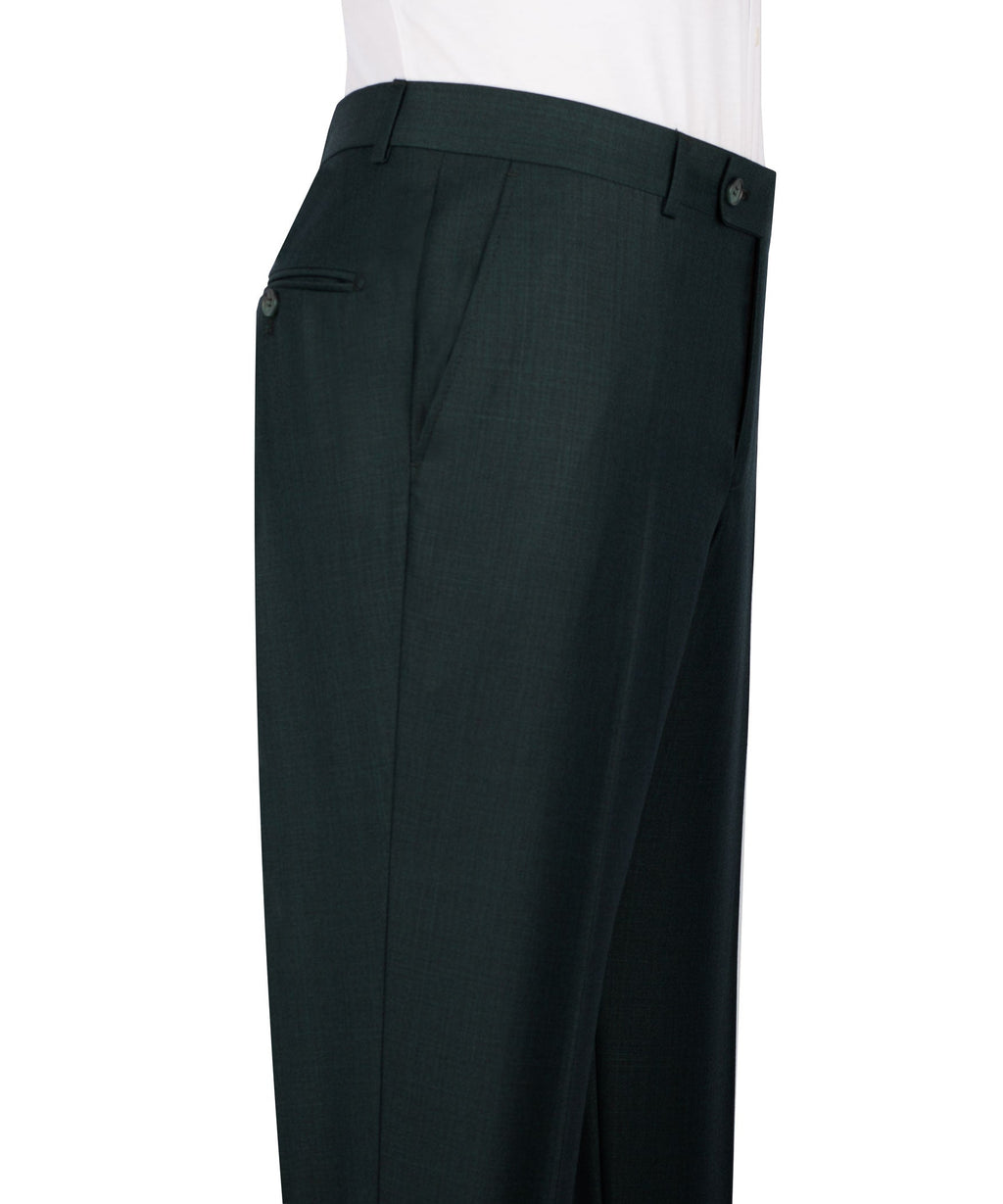 Dark green dress trousers with belt loops and front button closure