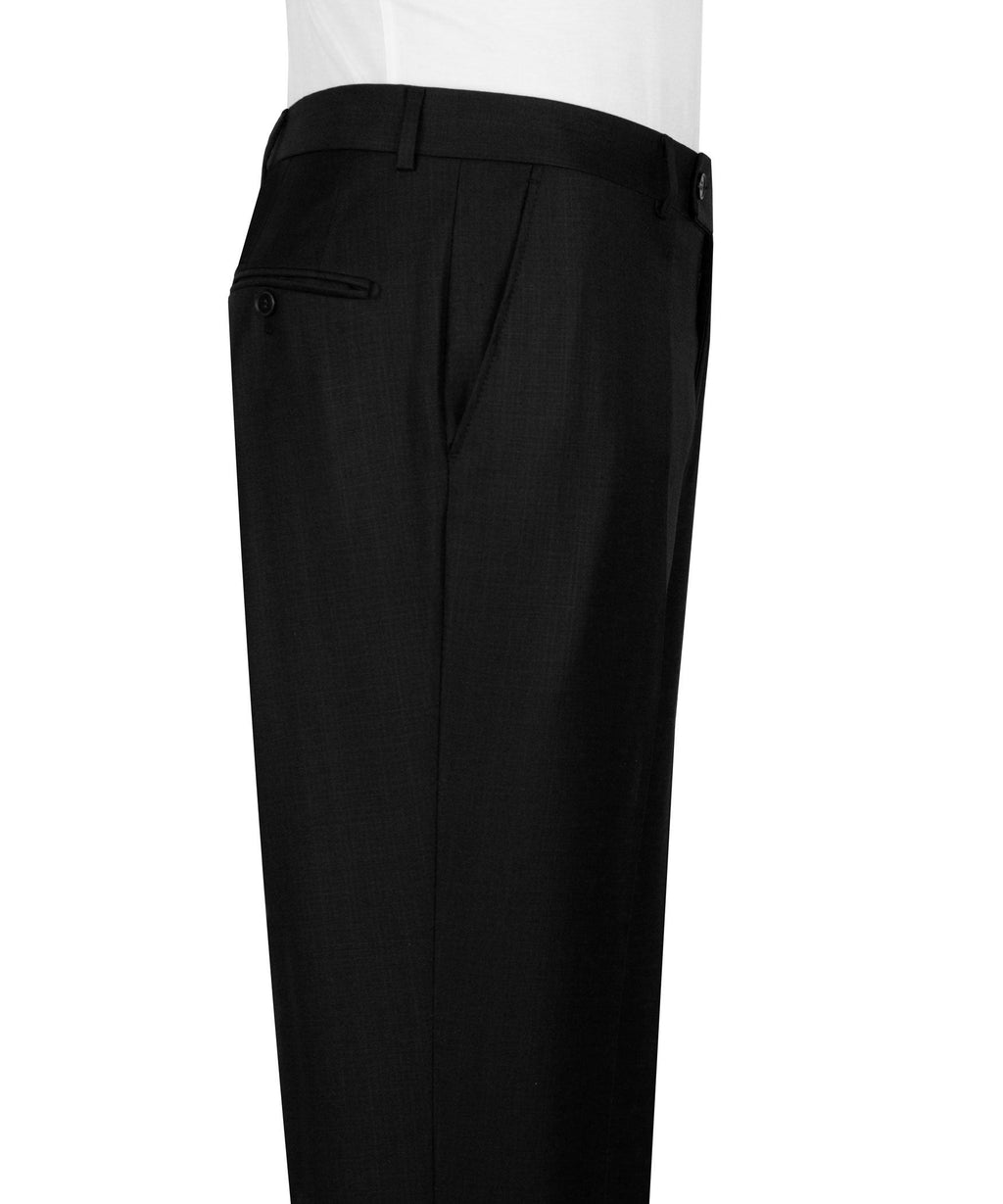 Black dress trousers with belt loops, side seam, and buttoned waistband