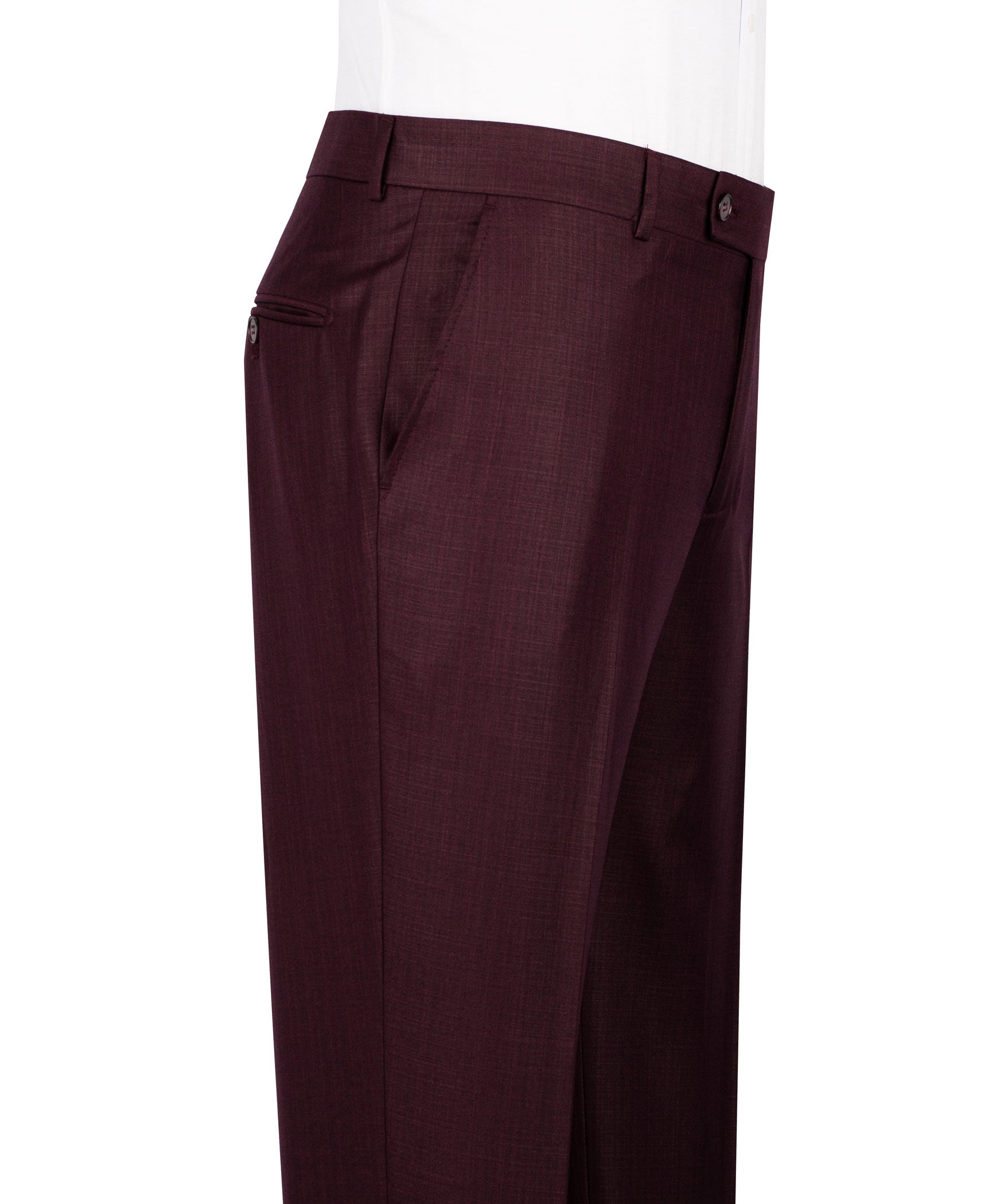 Burgundy suit trousers side view with waistband and belt loops